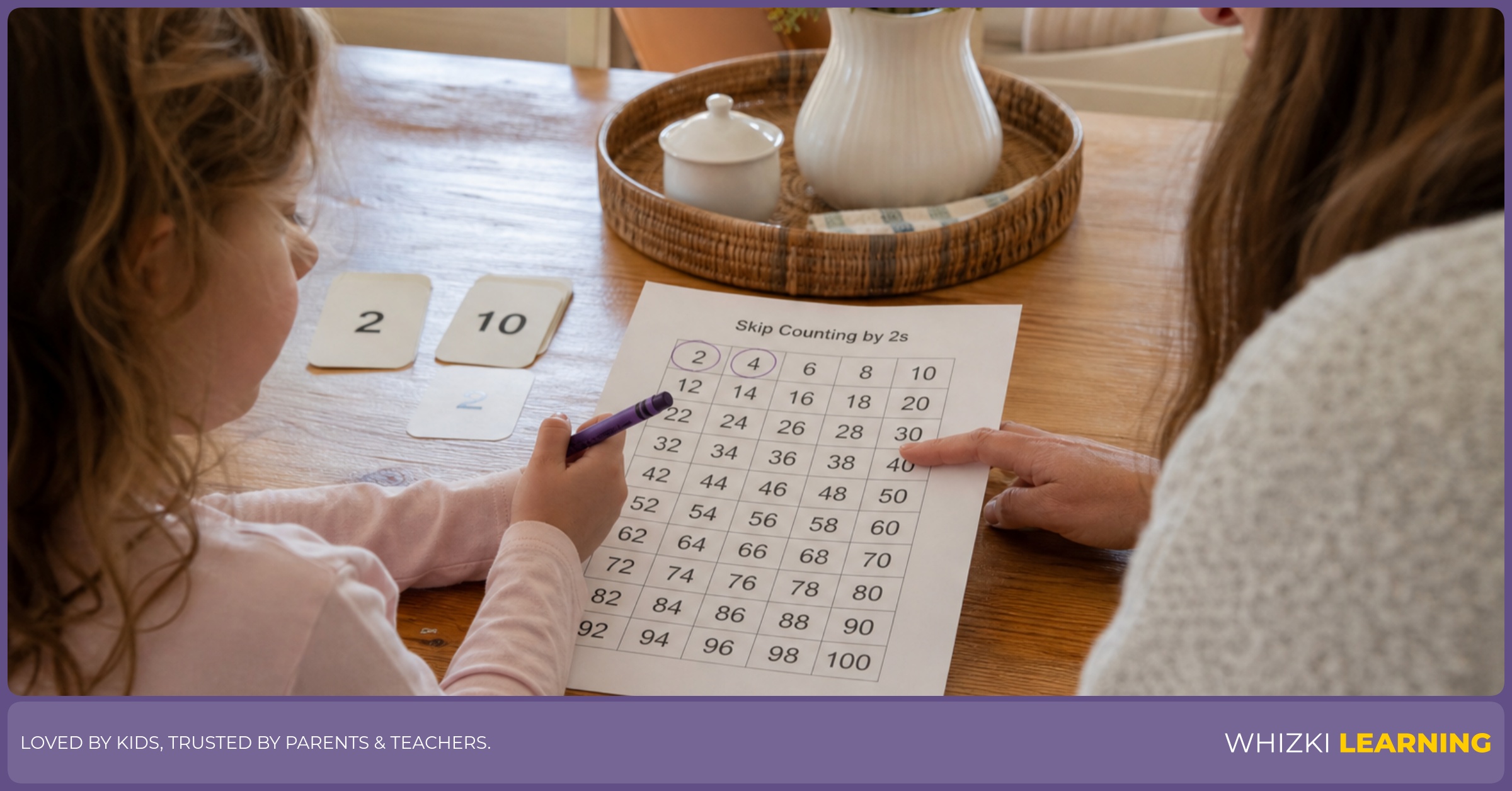 A parent sits beside a child who is pointing to a skip counting by 2s chart with a crayon on the kitchen table.