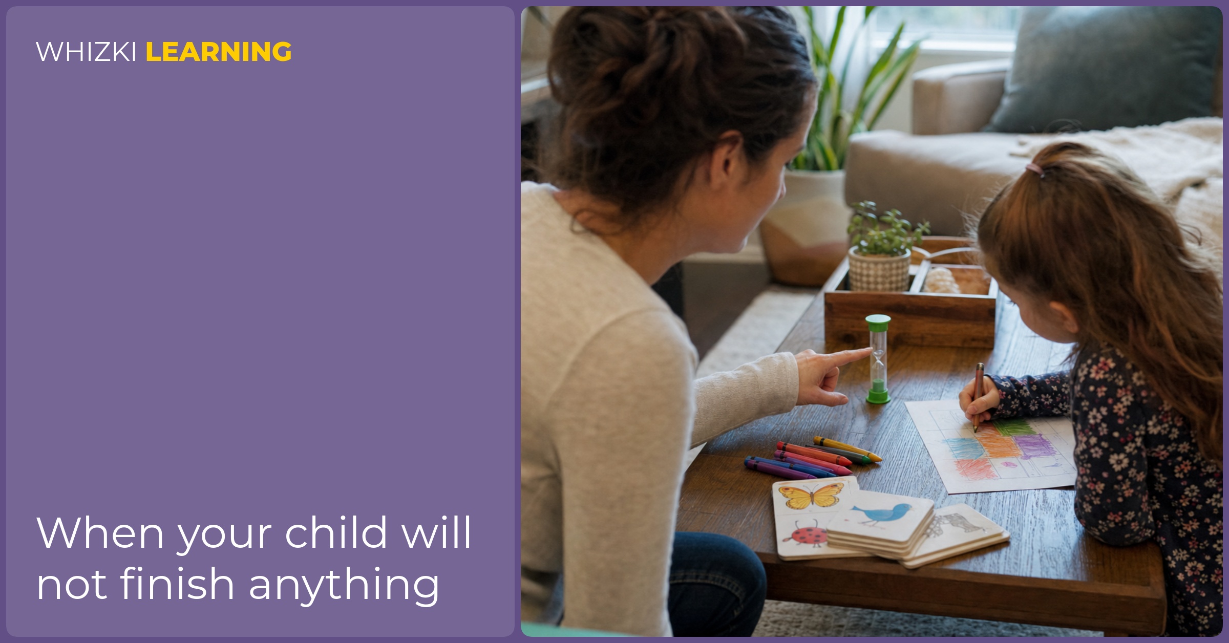 A caregiver points to a small timer while a young child finishes one final crayon mark on paper.