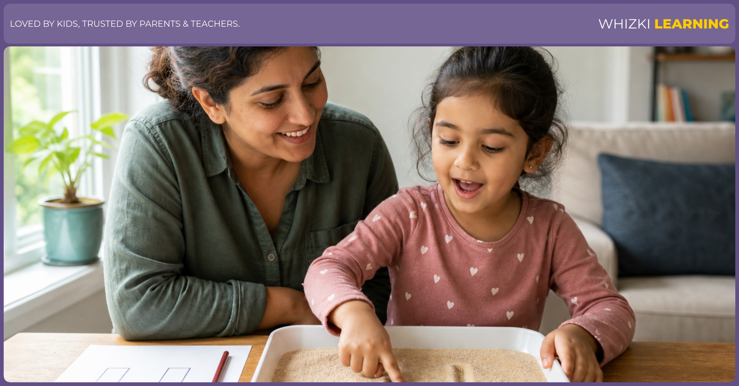 A parent helps a child trace the letter U in a tray while saying a U adjective, in a calm home setting with warm light.