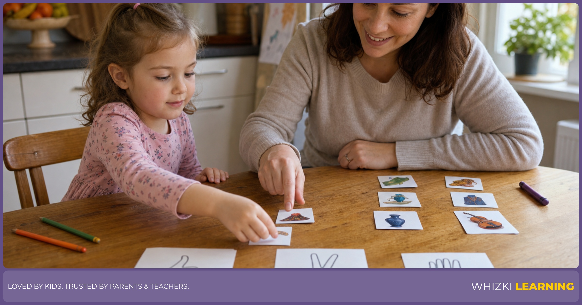 A parent and child sit at a kitchen table sorting V adjective cards into three piles, calm and focused, with warm natural light.