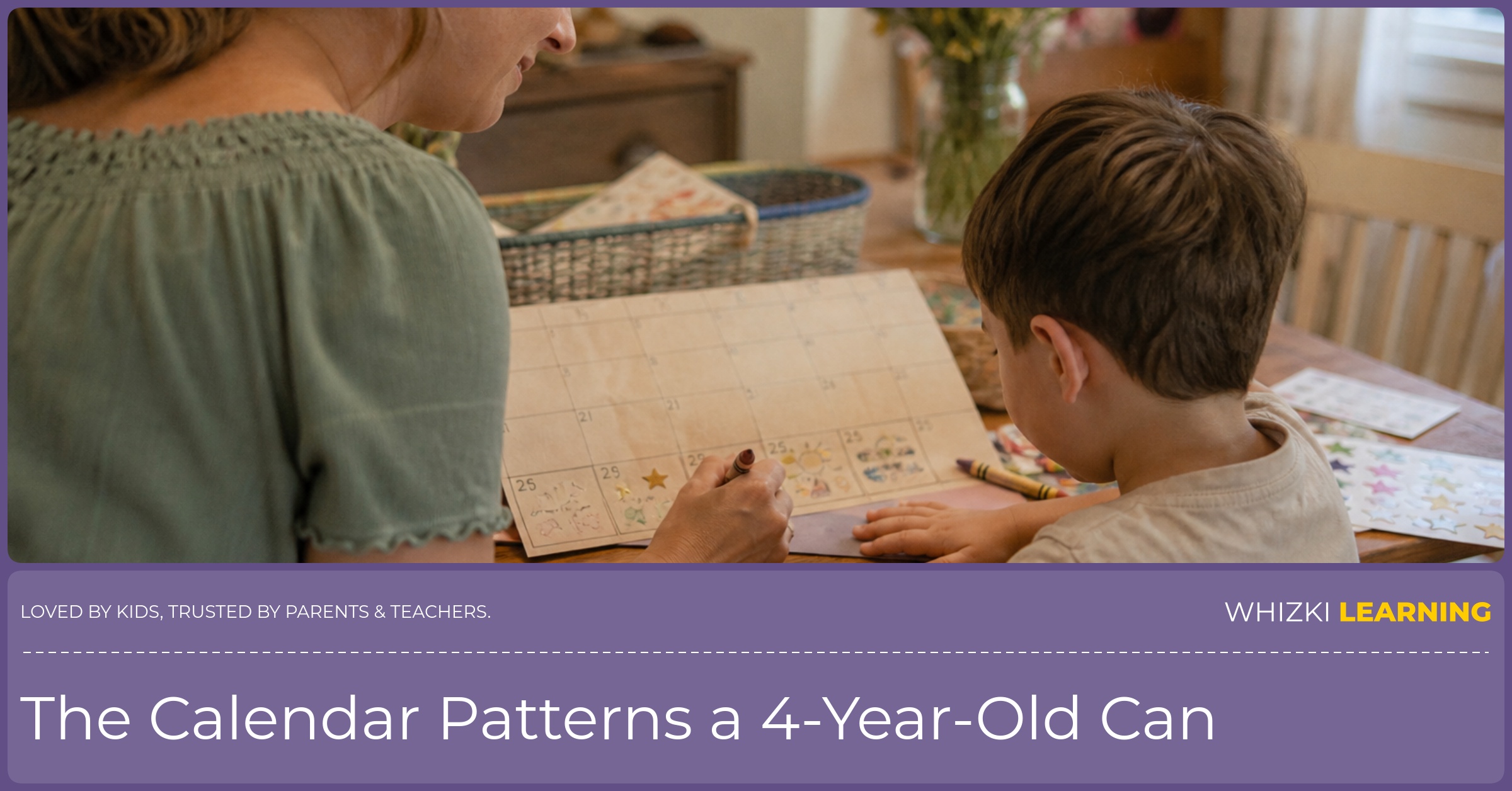 A caregiver and child color two weekend boxes on a handmade paper calendar at a kitchen table.