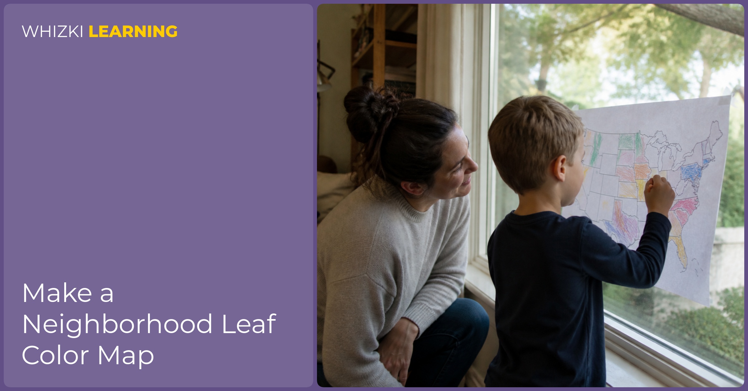 A caregiver and child stand by a bright window marking tree colors on a paper map with crayons.