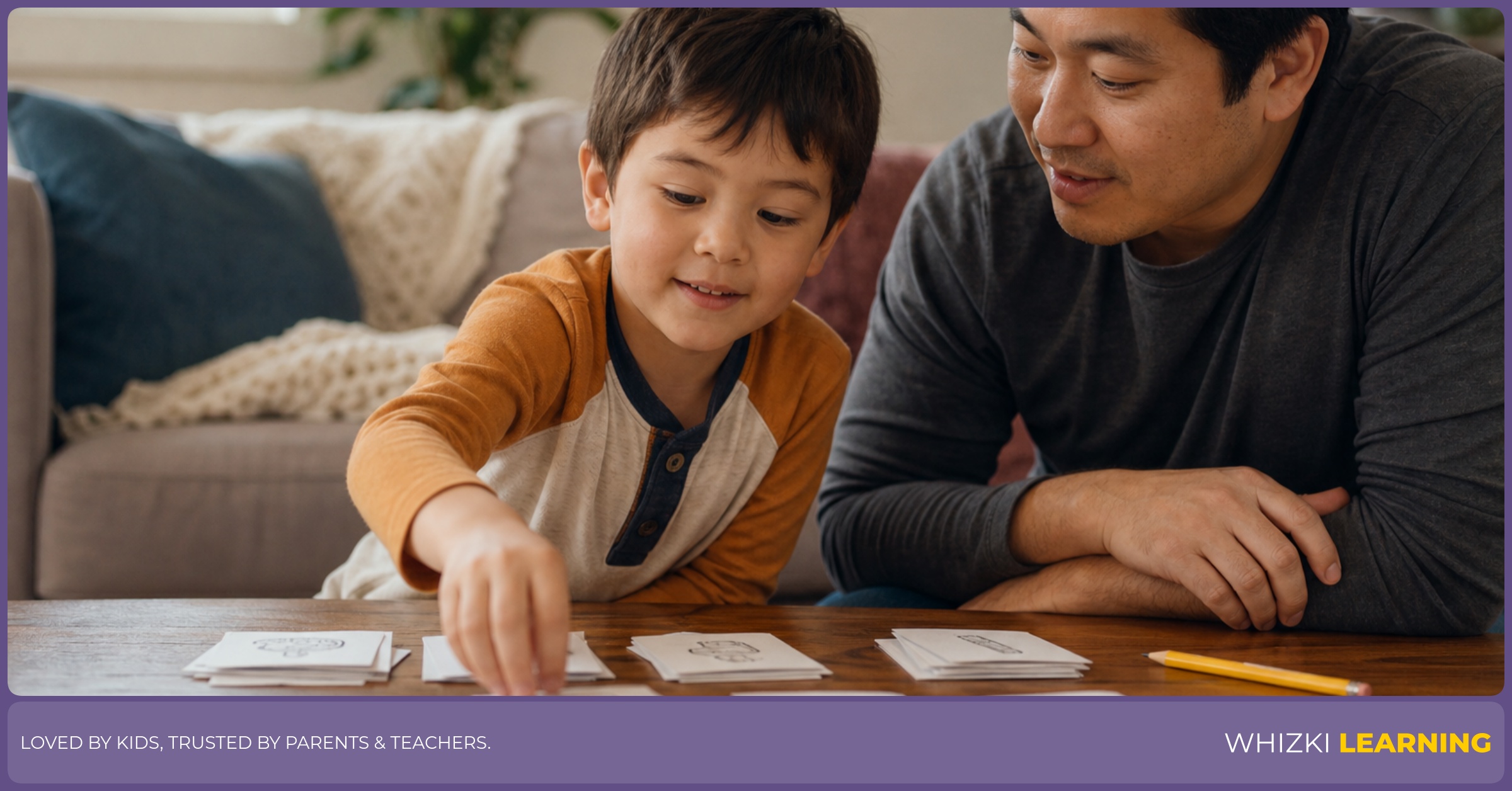 A parent and child sort printed word cards into small paper piles by word family, with the child’s finger guiding each card and a calm, focused smile in a cozy living room.
