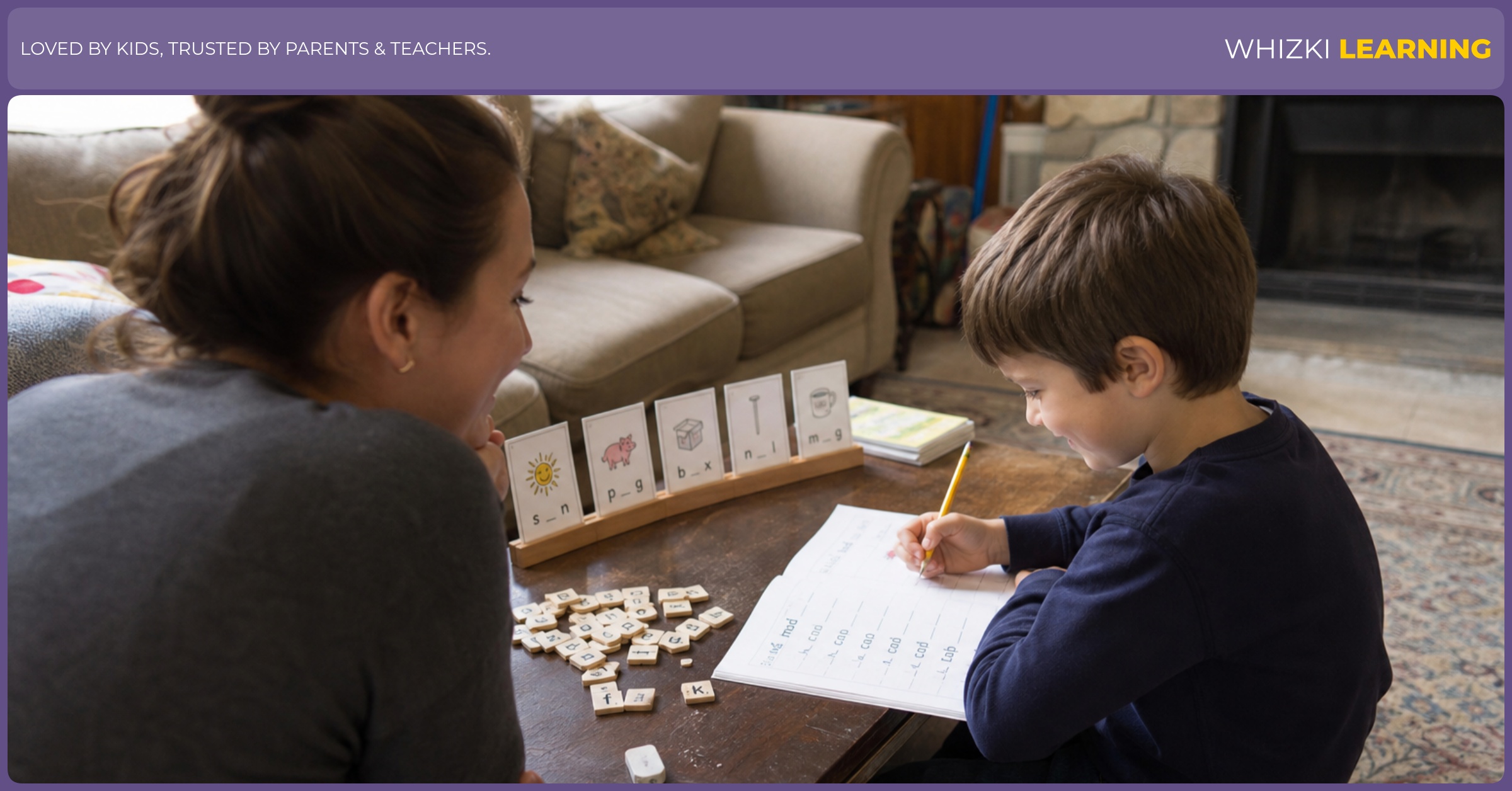 A caregiver and child play a short A word-ladder game with paper cards and a pencil.