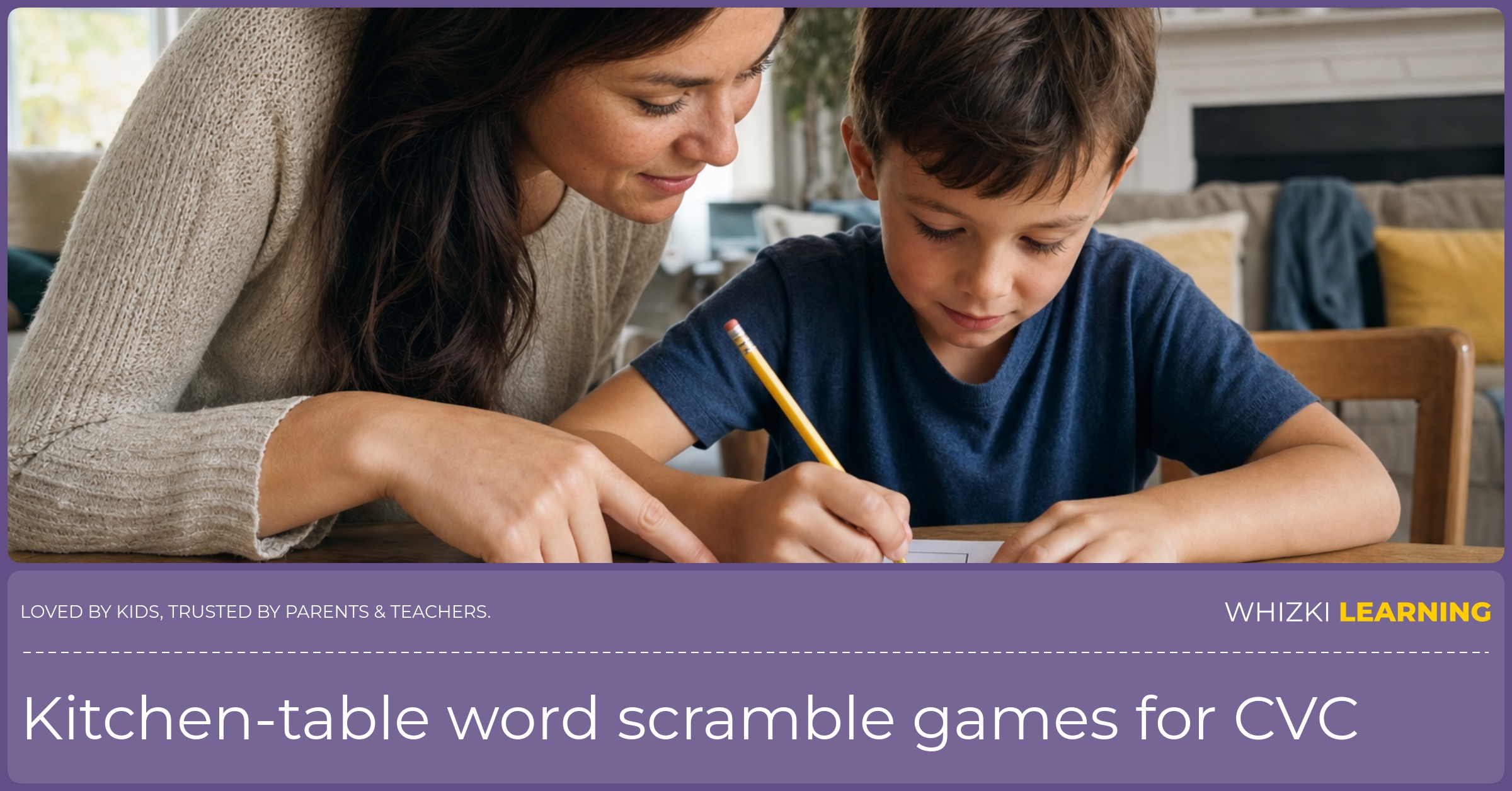 A child carefully unscrambles CVC letters on a paper worksheet while a parent gently points and models blending sounds, in a calm home setting.