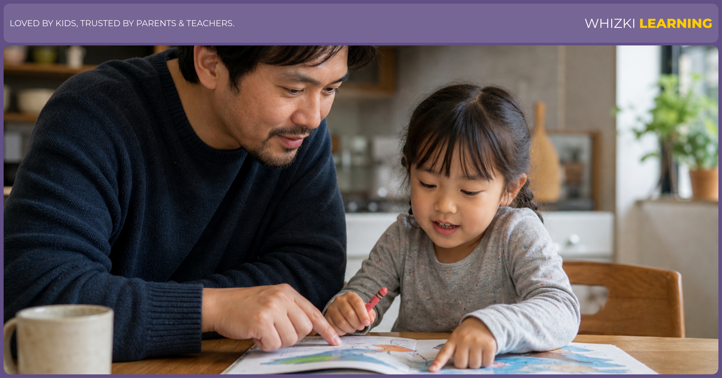 A parent and child sit at a kitchen table coloring with crayons and pointing to a book, practicing simple C words with calm focus and warm light.