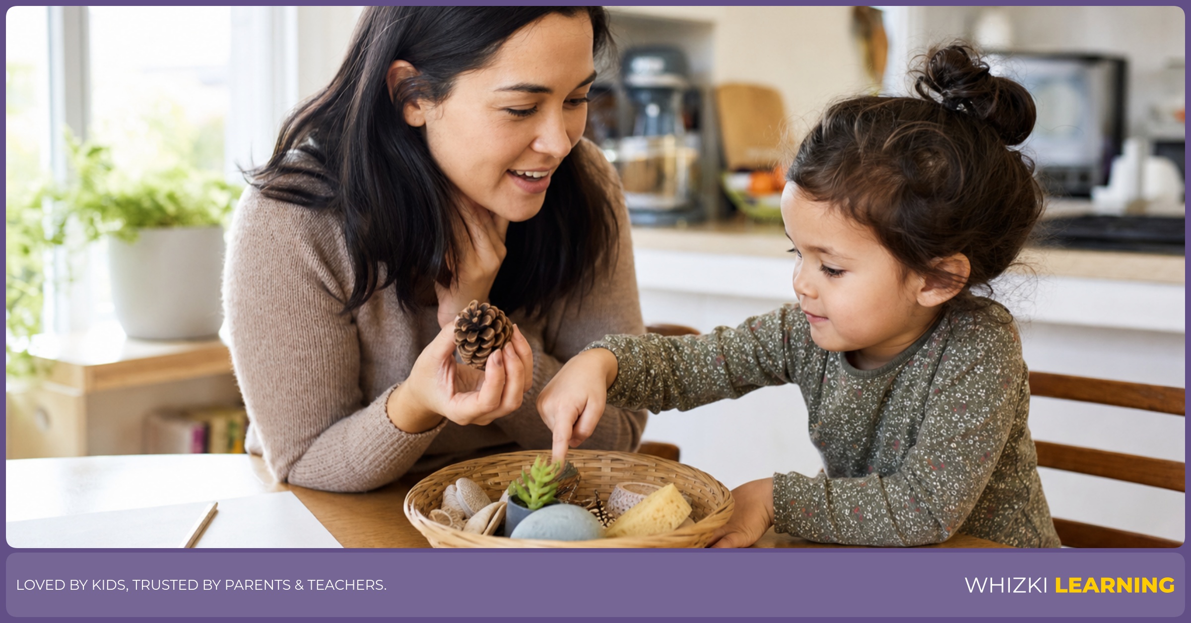 A parent and child sit at a kitchen table with a basket of everyday items, pointing to objects and saying letter E words together with calm focus.