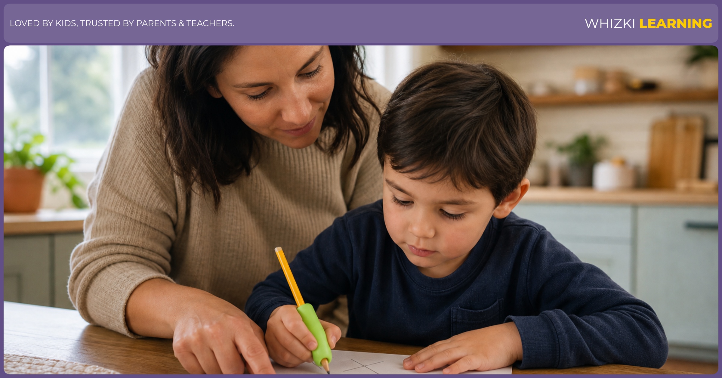 A parent helps a child trace the letter X on paper with a pencil grip, calm focus, and warm indoor light.