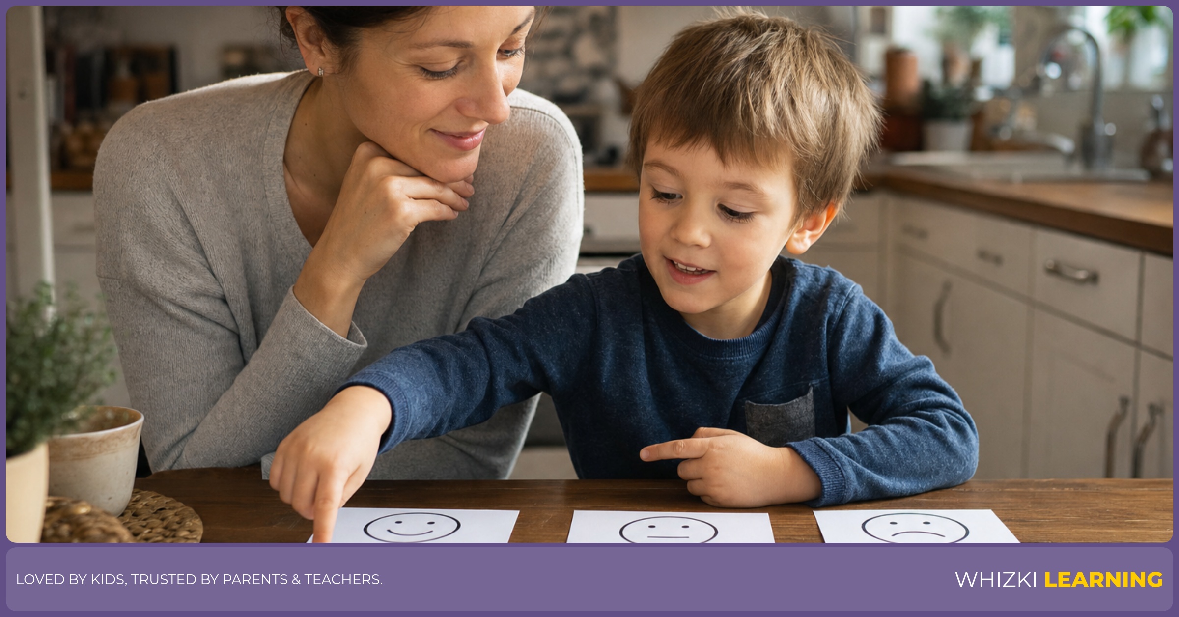 A parent and child sort Y adjective cards at a kitchen table, pointing to words and matching them to faces and objects, warm natural light, screen-free.