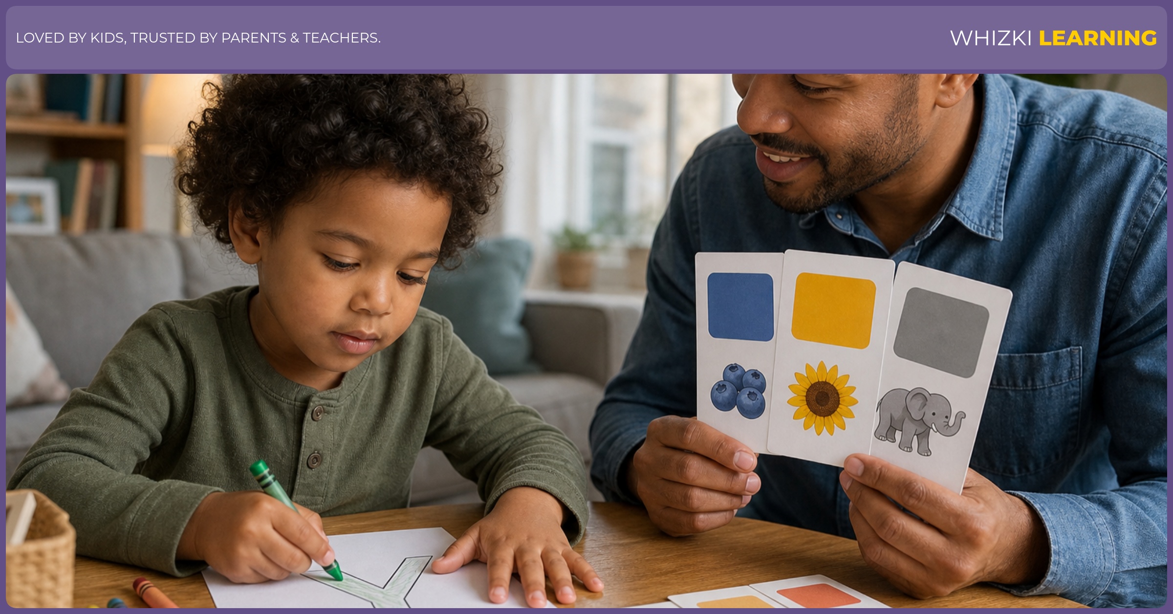 A calm home scene where a child and caregiver match Y adjective cards to colors and shapes on paper, fingers tracing the words, warm light, screen-free.