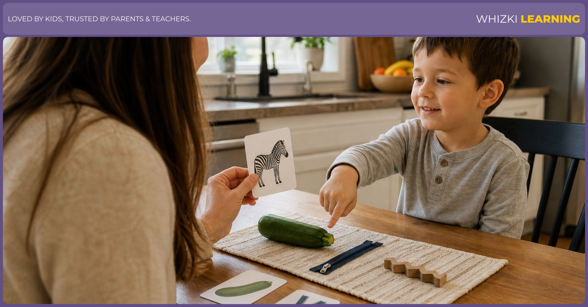 Parent and child at a kitchen table pointing to everyday items while practicing Z words, screen-free and calm, warm natural light