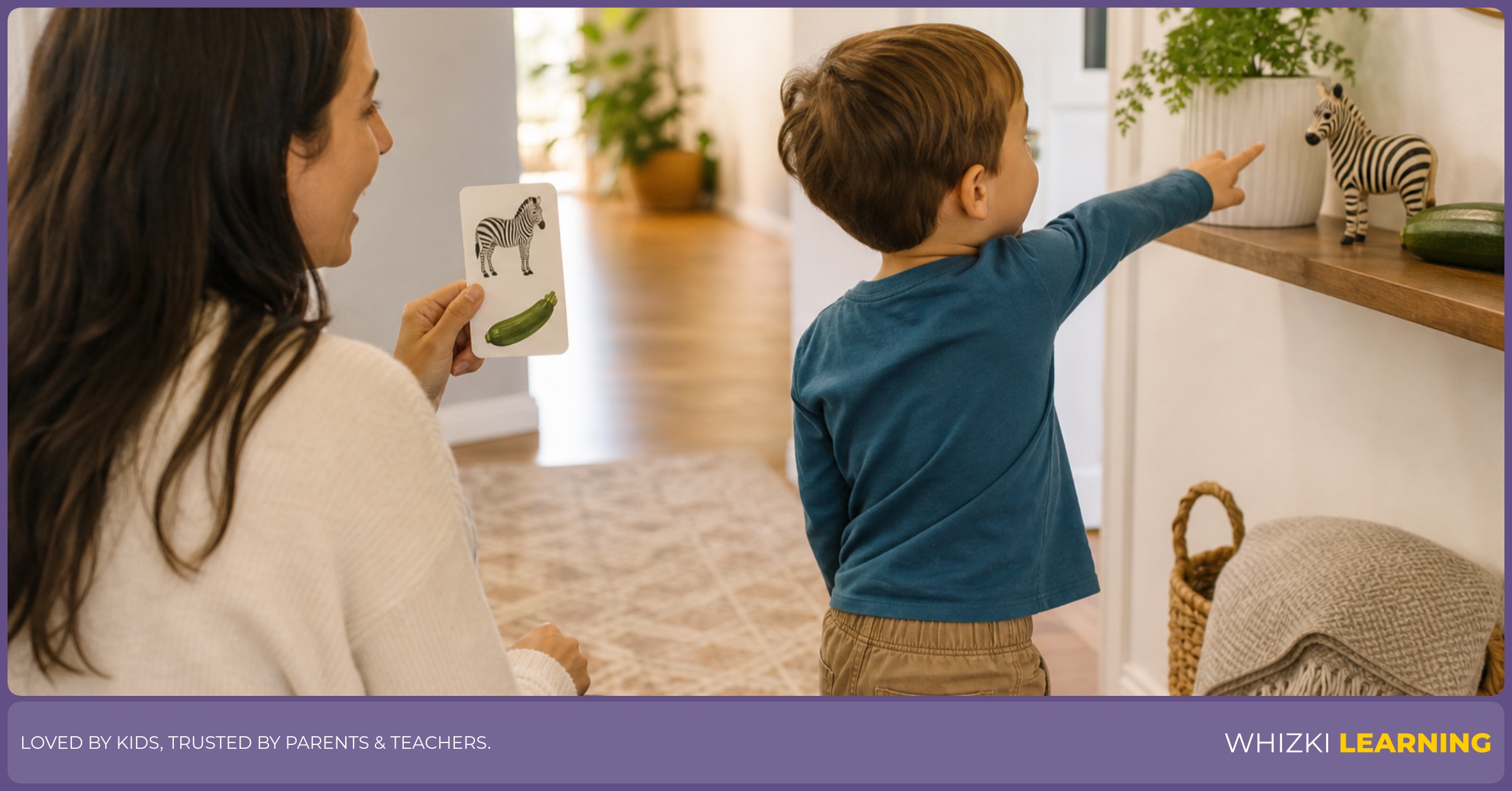 Parent and child walking at home and pointing to objects while playing a spot-the-Z word game, calm smiles, warm natural light, screen-free