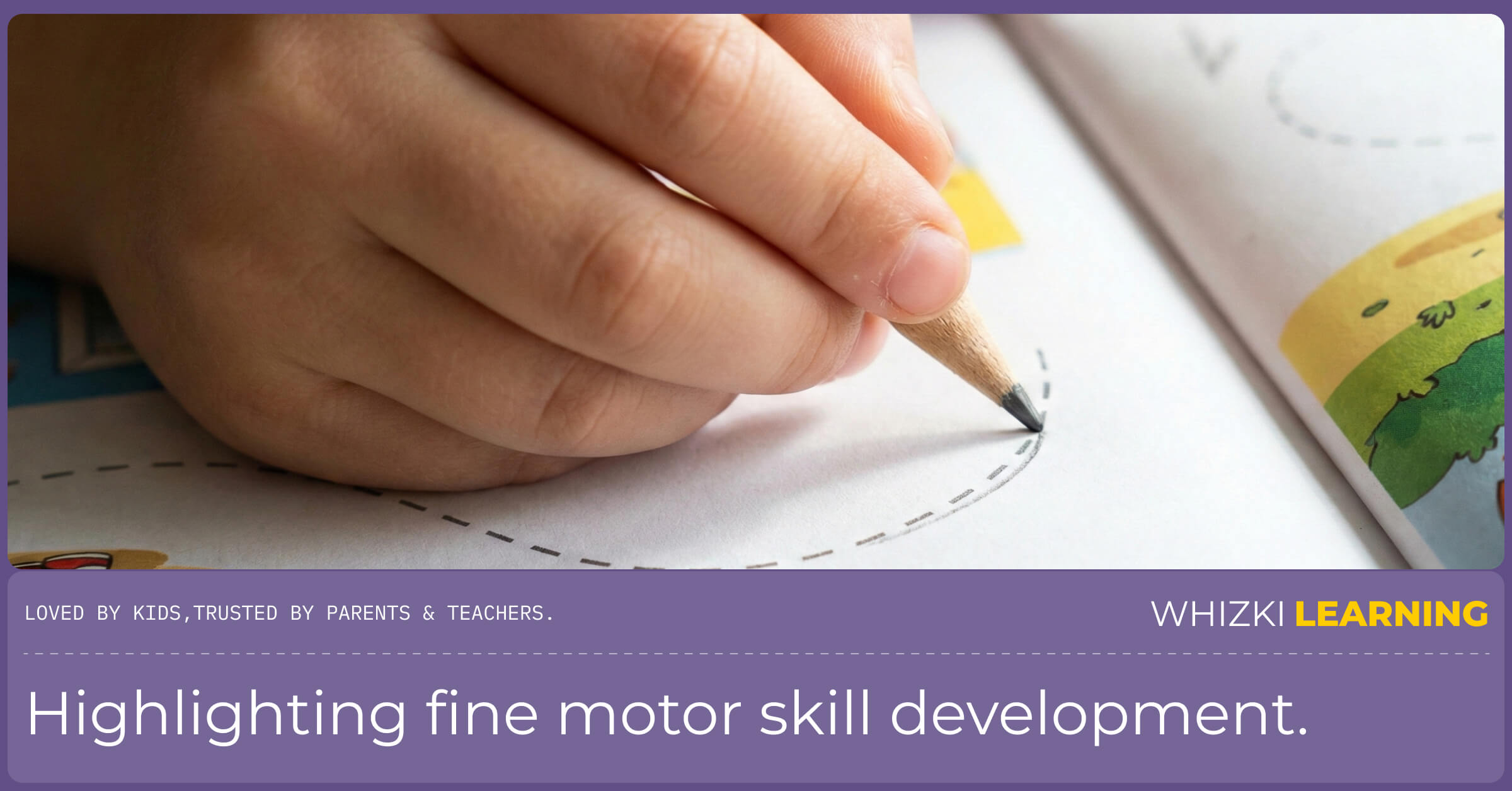Close-up view of a young child's hand using a pencil to trace a curved line in a workbook, demonstrating the pincer grasp.