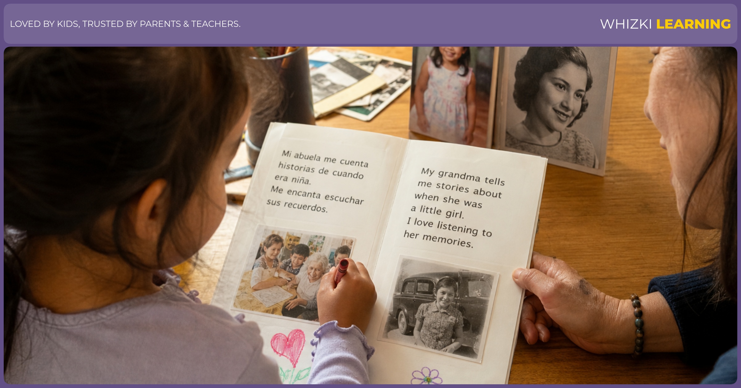 A young child draws with crayons on a bilingual grandparent story page while a caregiver steadies the paper at home.
