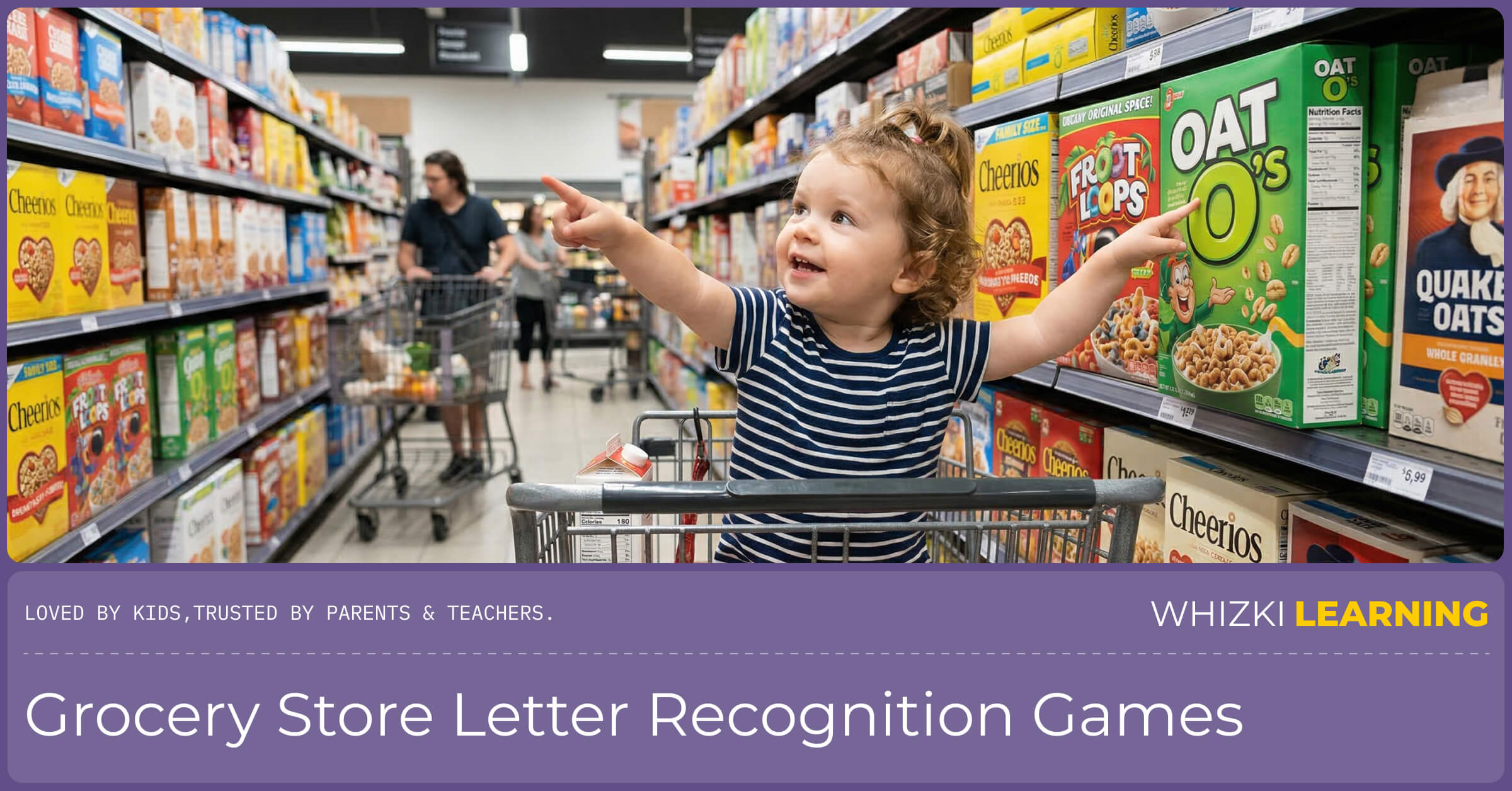 A child in a supermarket cart enthusiastically identifying a target letter on a food package during a screen-free learning game.