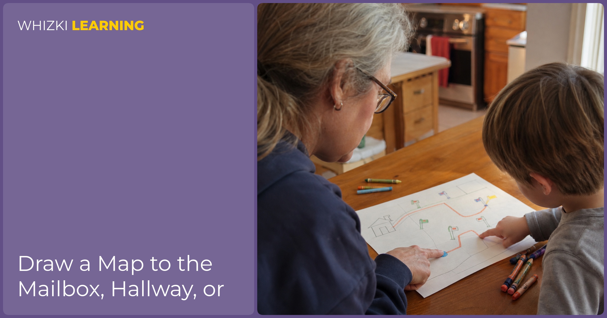 A caregiver and child draw a simple mailbox route map together at a kitchen table with crayons and paper.