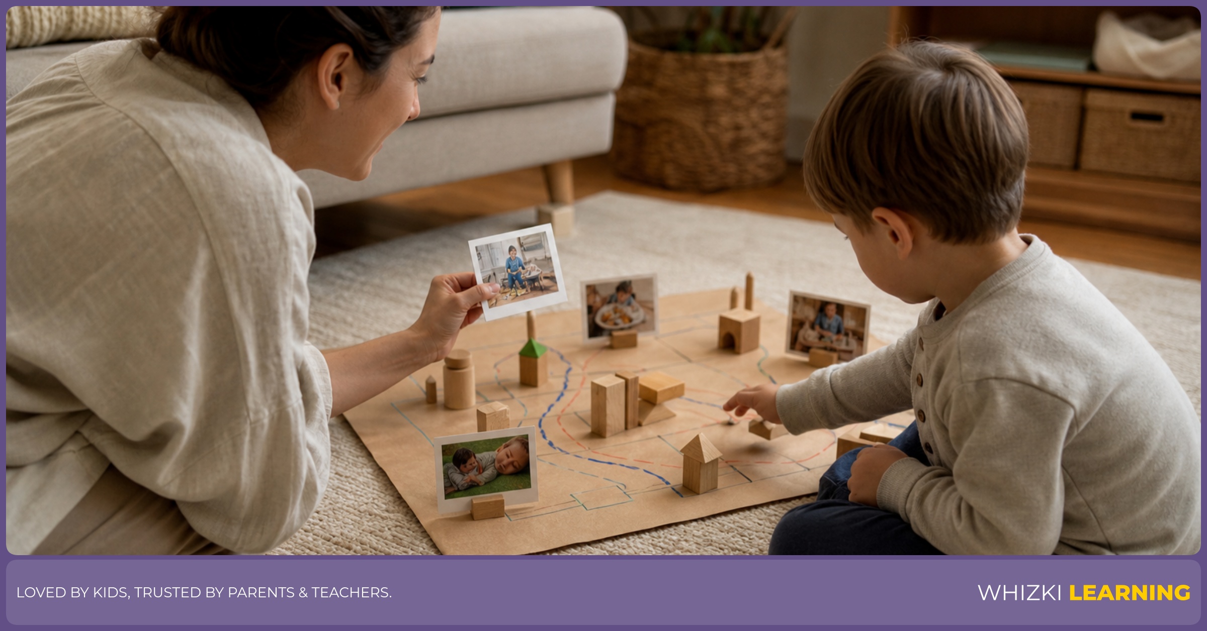 A caregiver and child use a simple paper map and family routine picture cards on a living-room rug.