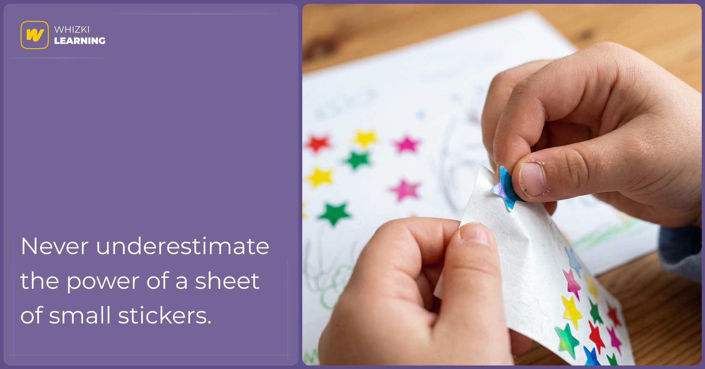 Close-up of a 5-year-old's fingers meticulously peeling a colorful star sticker off its backing paper.