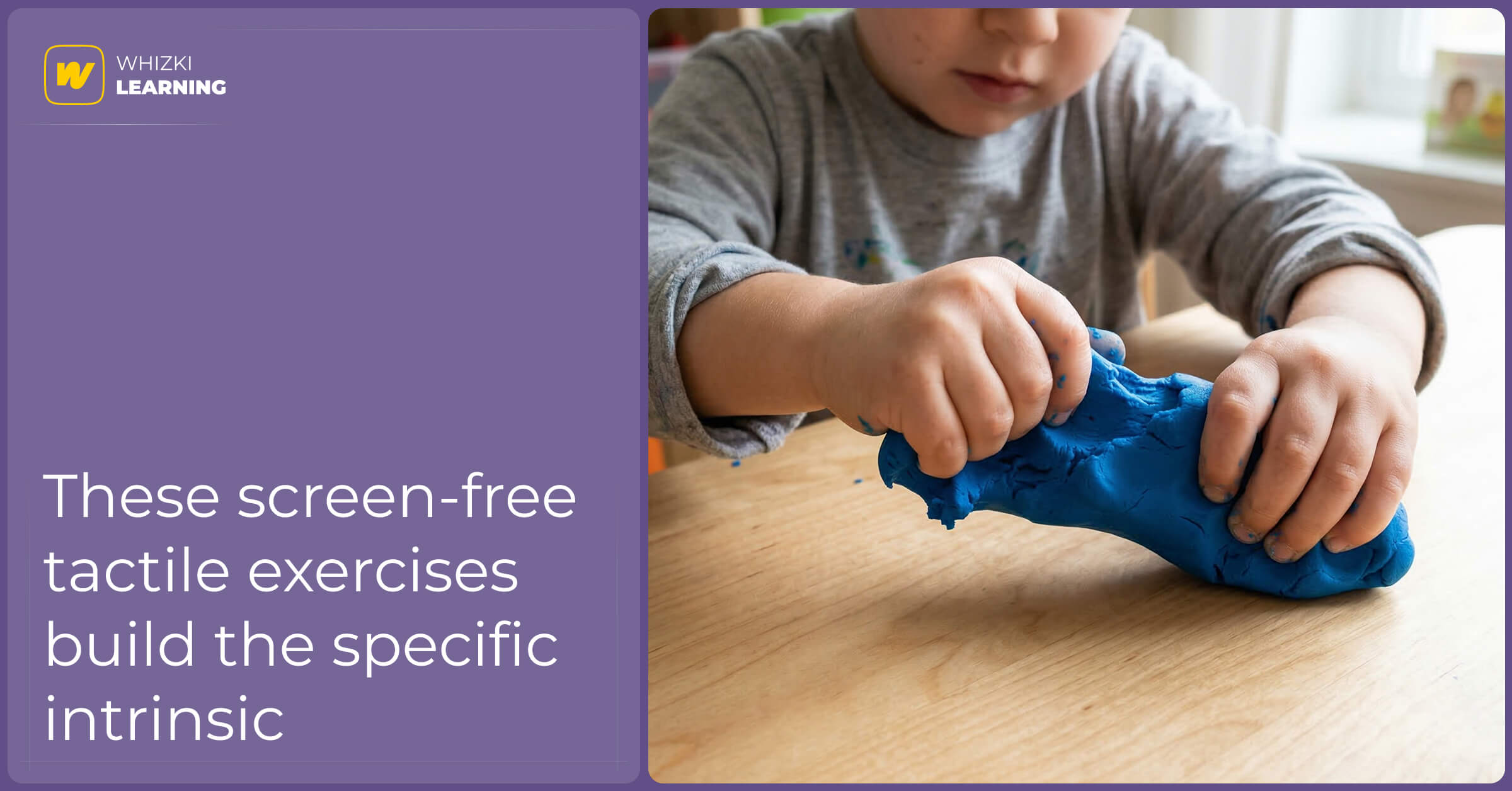 A child's hands aggressively squeezing and shaping a thick piece of blue clay on a wooden table to build intrinsic muscle strength.