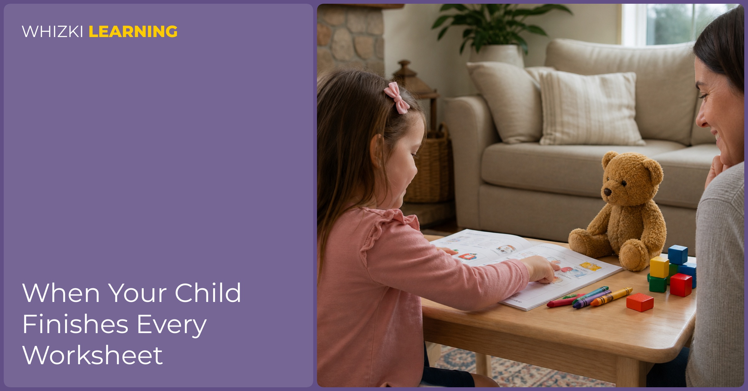A child points to a worksheet and pretends to teach a stuffed animal while a caregiver sits nearby.