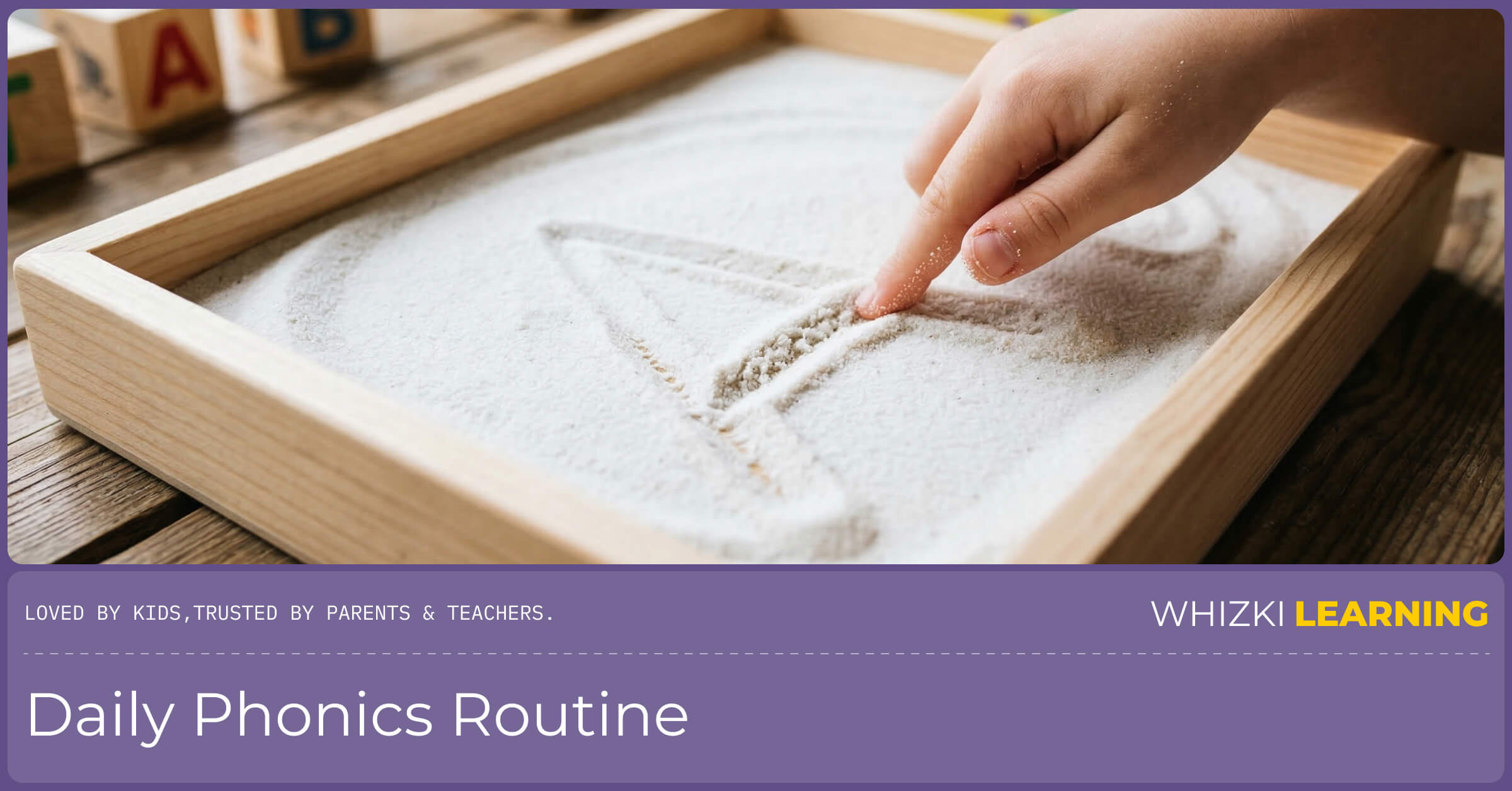 A close-up of a preschooler using their index finger to draw a letter 'S' in a sensory sand tray.