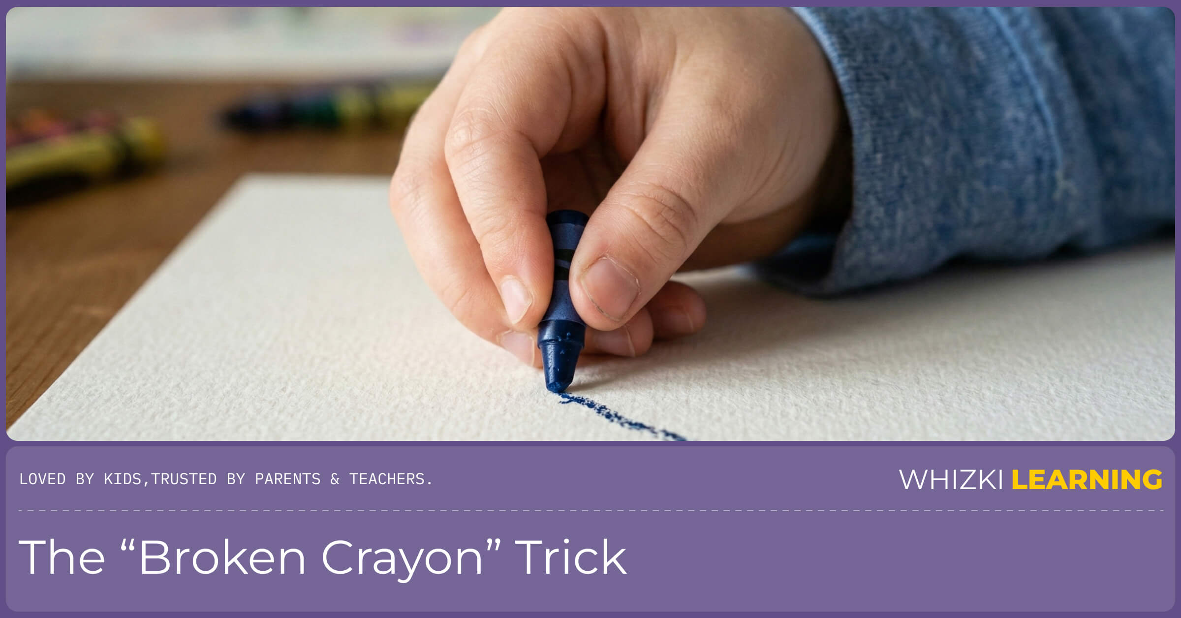 A preschooler's fingers holding a tiny blue crayon piece, demonstrating how it forces a correct tripod grip.