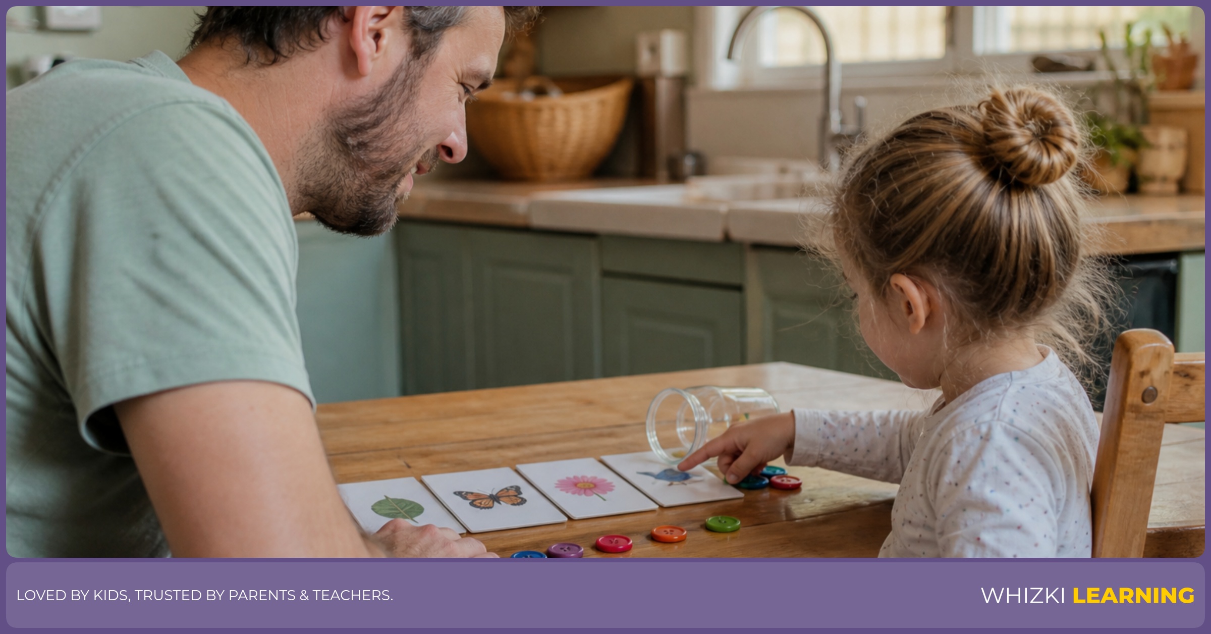 A parent and child count buttons from a clear cup together at a kitchen table.