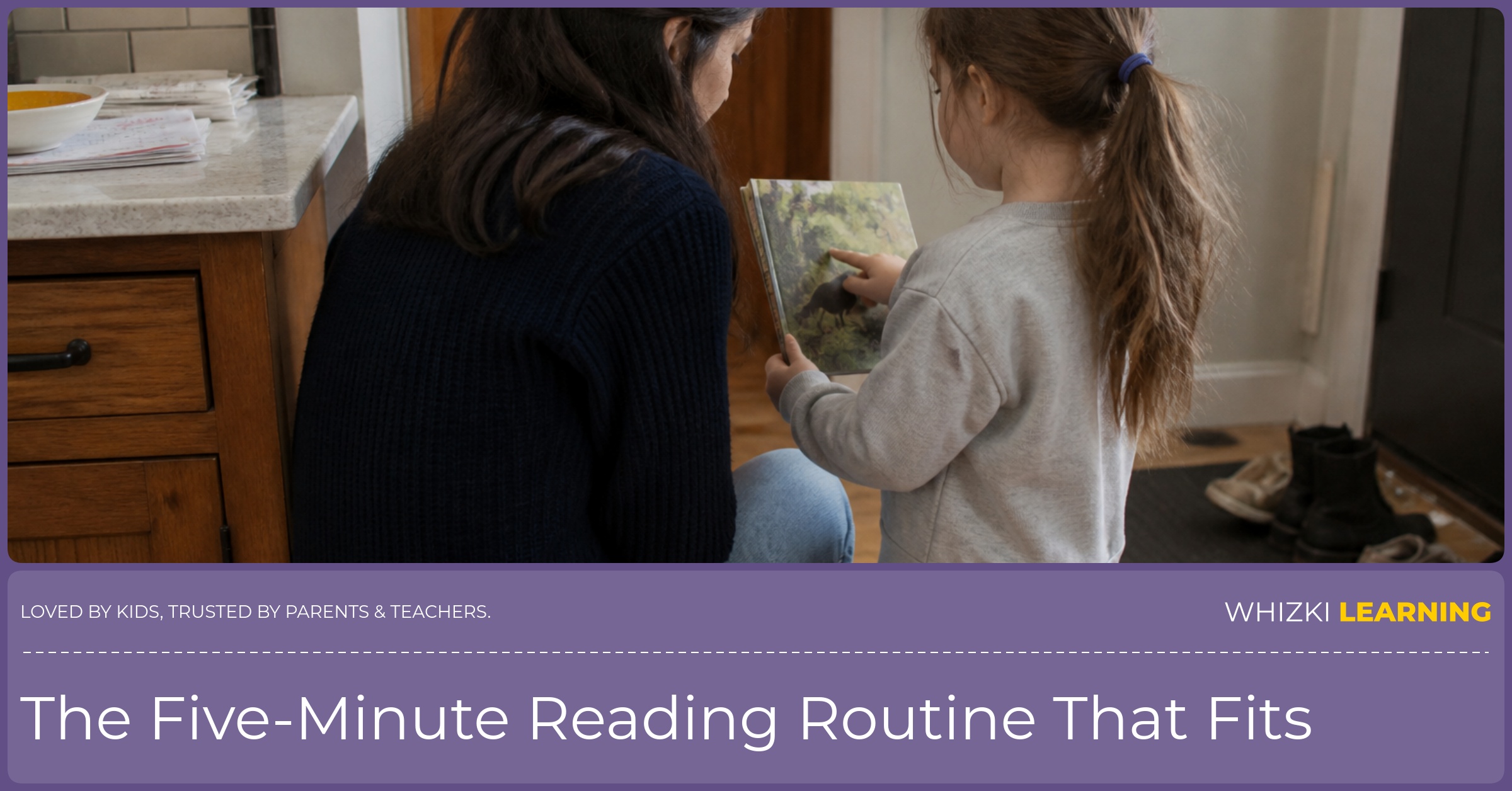 A caregiver holds a closed picture book near a child who is pointing to the cover before putting on shoes.