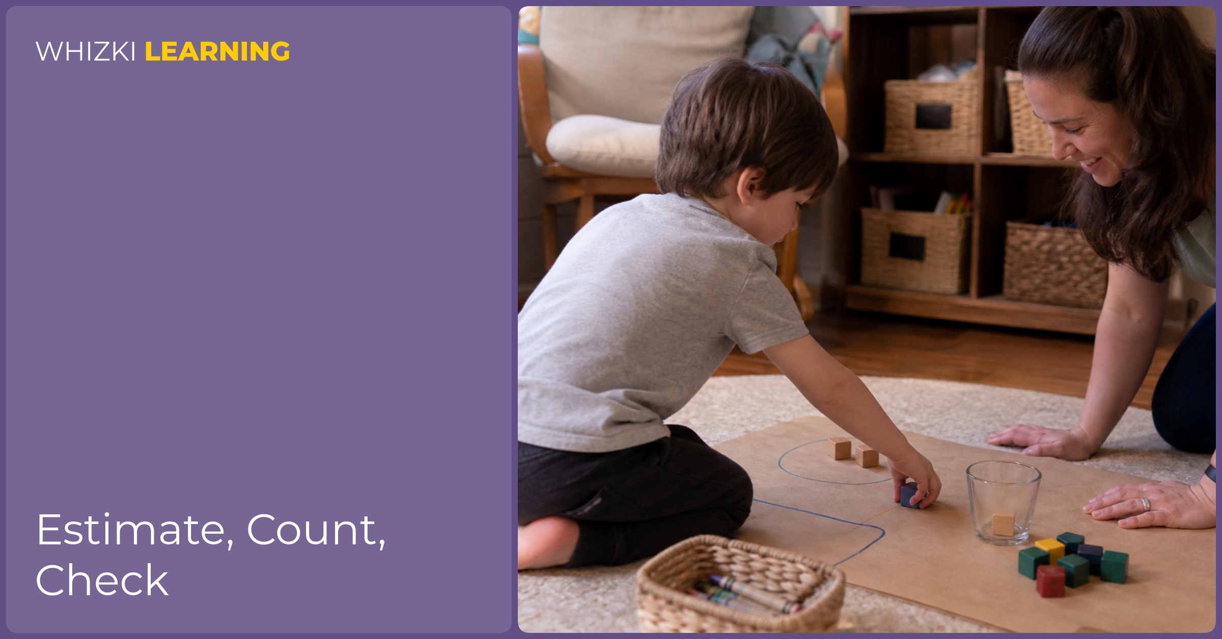 A caregiver and child use a paper mat and household objects for an estimate-count-check routine.