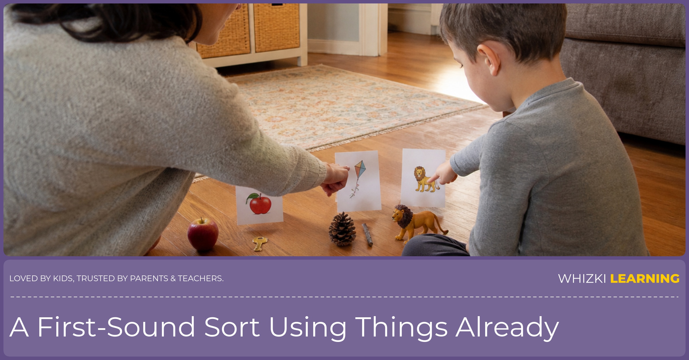 A child places an object in a middle parking spot while an adult points to two first-sound sorting areas.