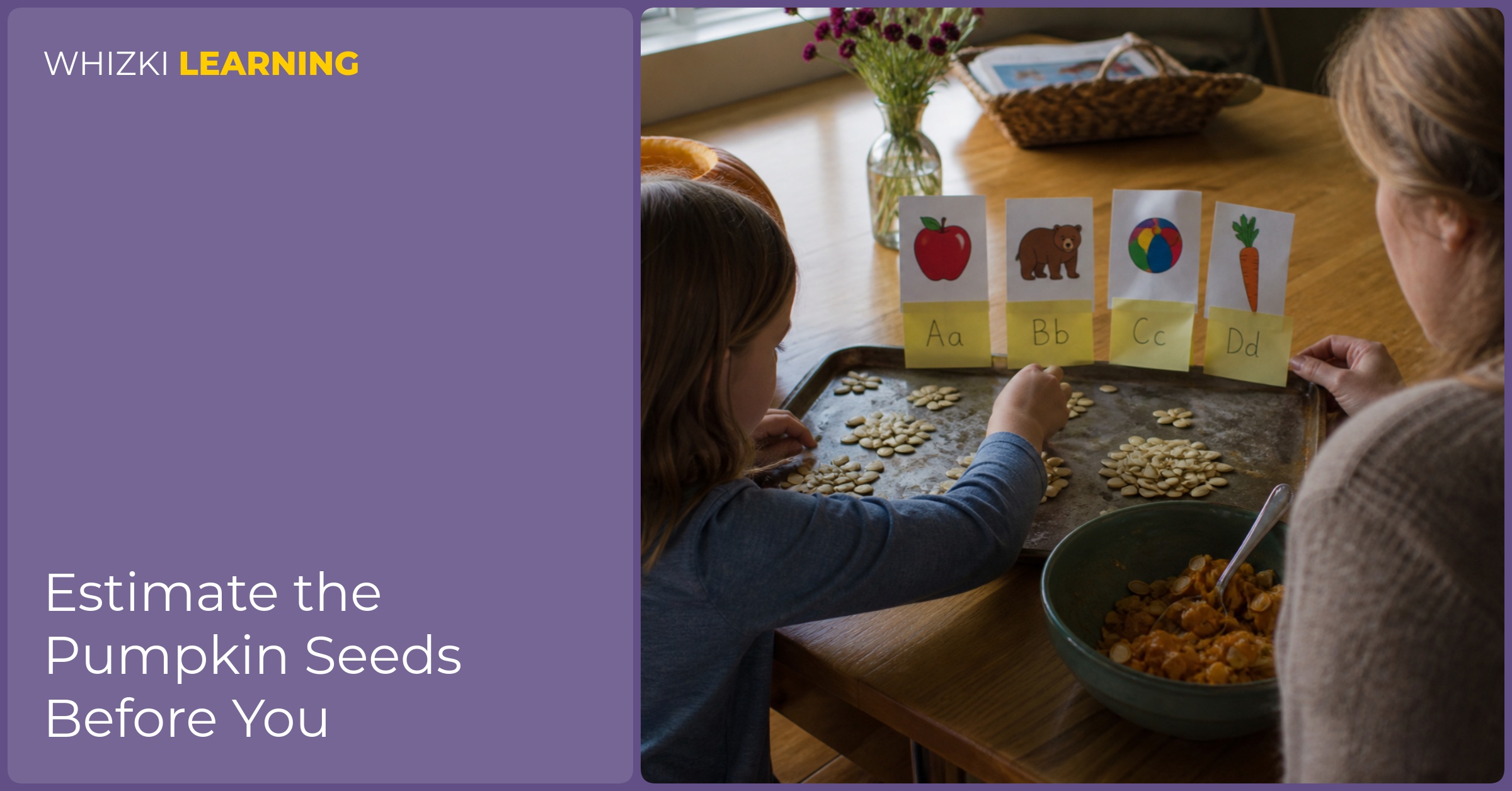 A child and adult group pumpkin seeds into neat piles on a tray with sticky notes nearby.