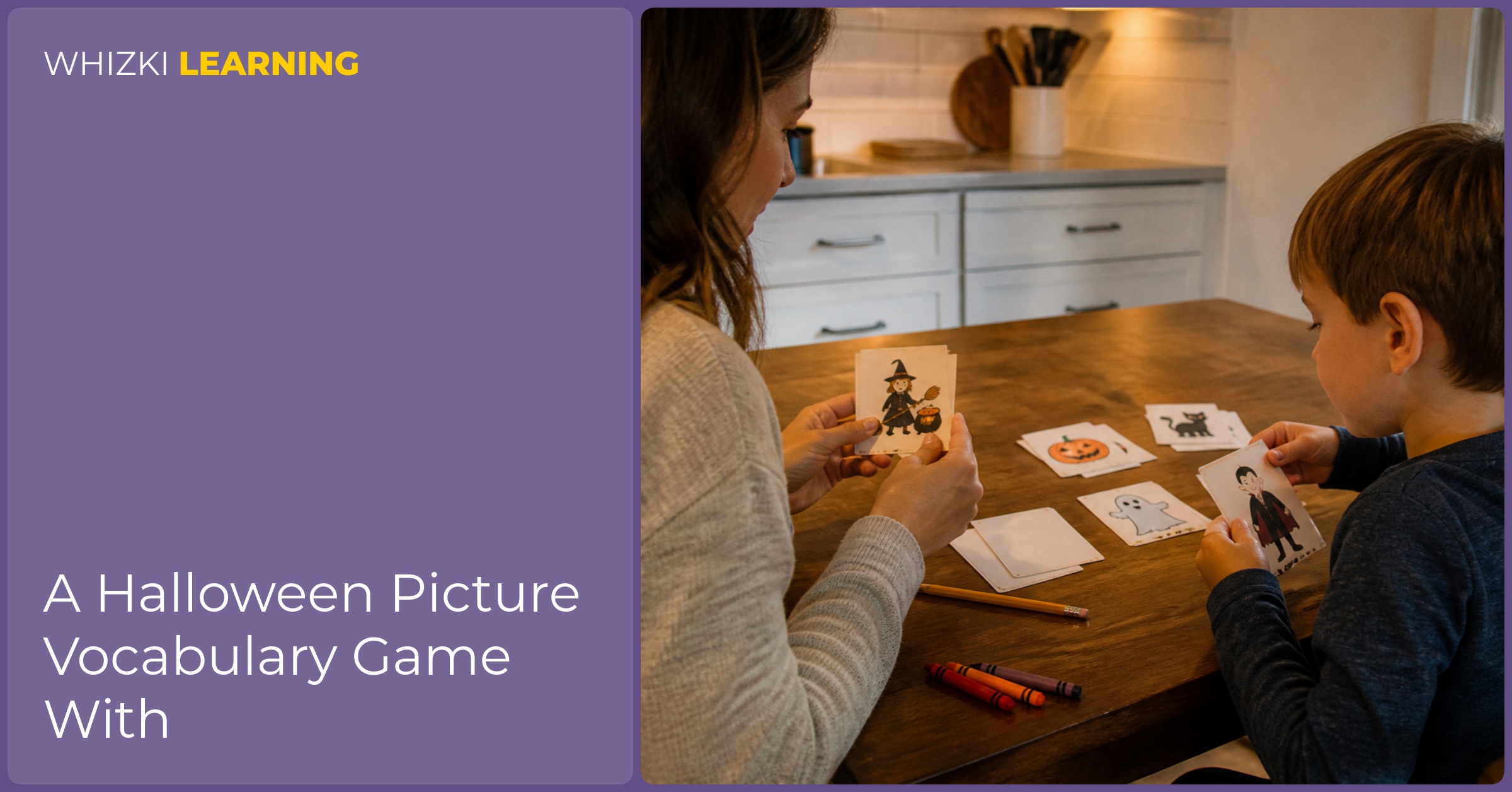 A parent and child sit at a kitchen table sorting friendly Halloween picture cards by first sound.