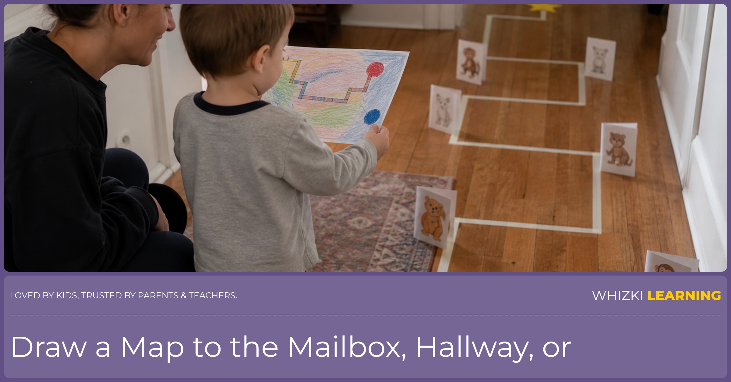 A parent and child follow a handmade hallway map with paper markers placed along the floor.