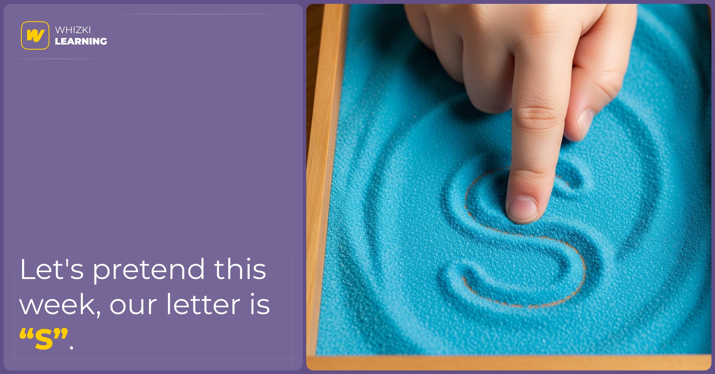 A top-down, close-up shot of a child's finger drawing the letter 'S' in a shallow tray filled with bright blue sand.