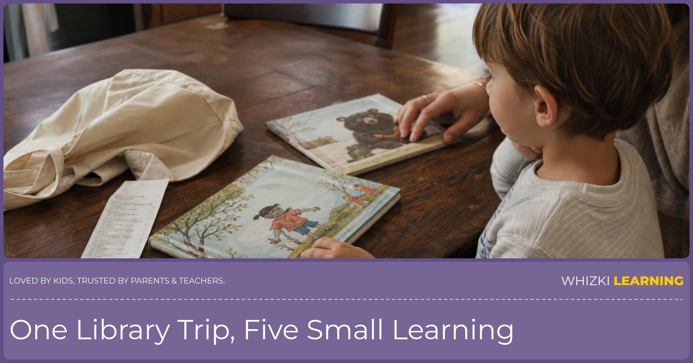 A parent and child sit at a kitchen table choosing one library book together with a tote bag nearby.
