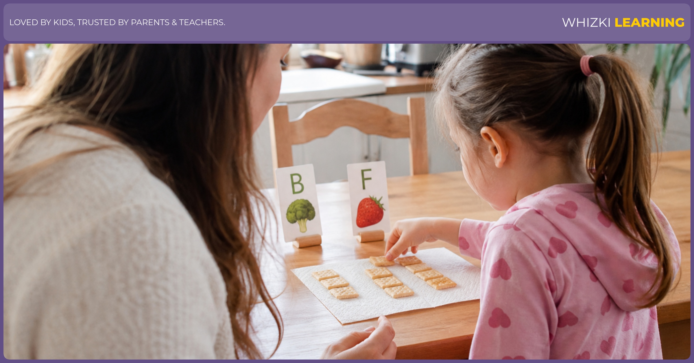A parent and child match two small snack collections on a kitchen table before counting.