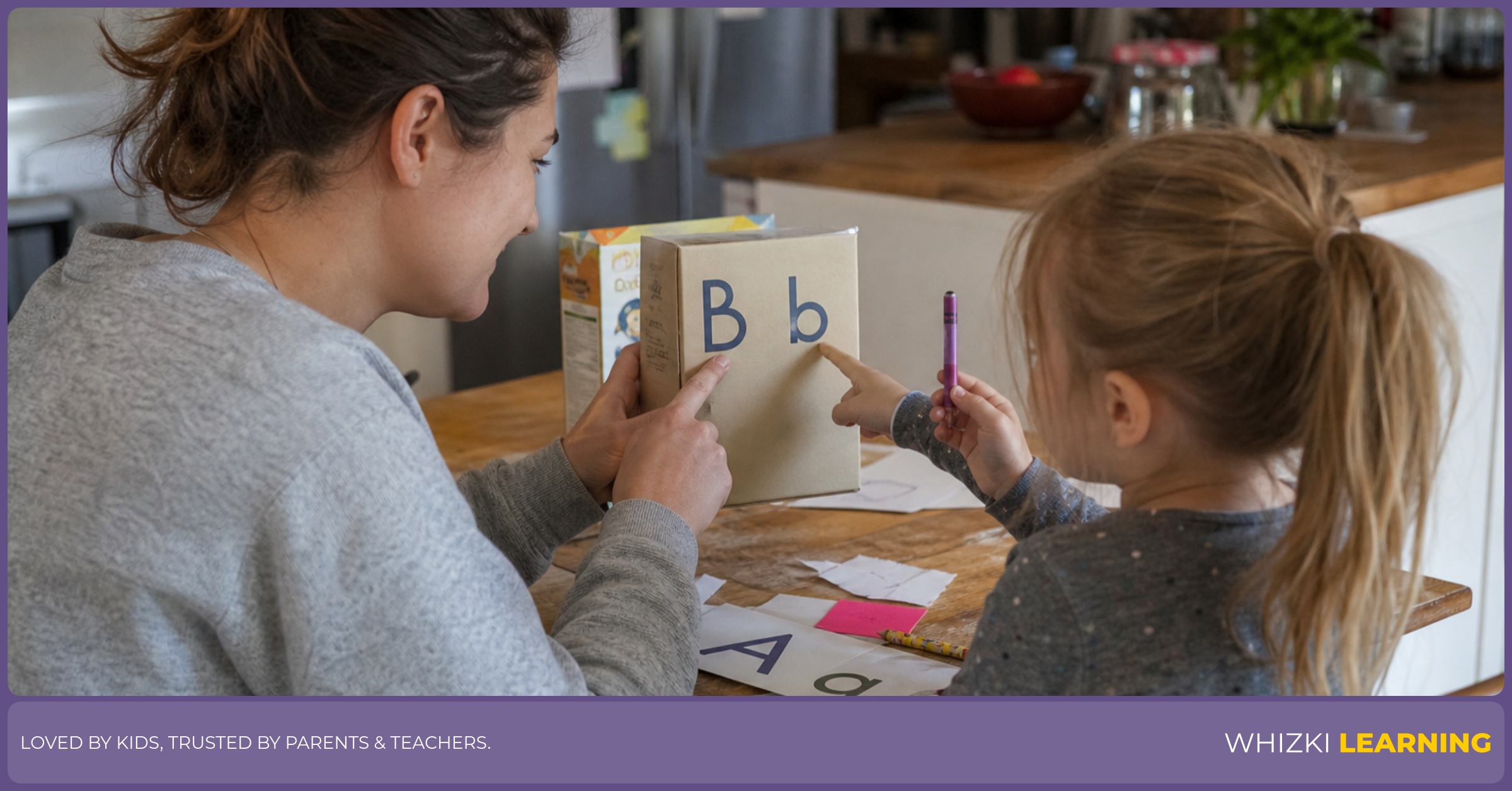 A caregiver and child search for matching letters on clean food packaging at a kitchen table.