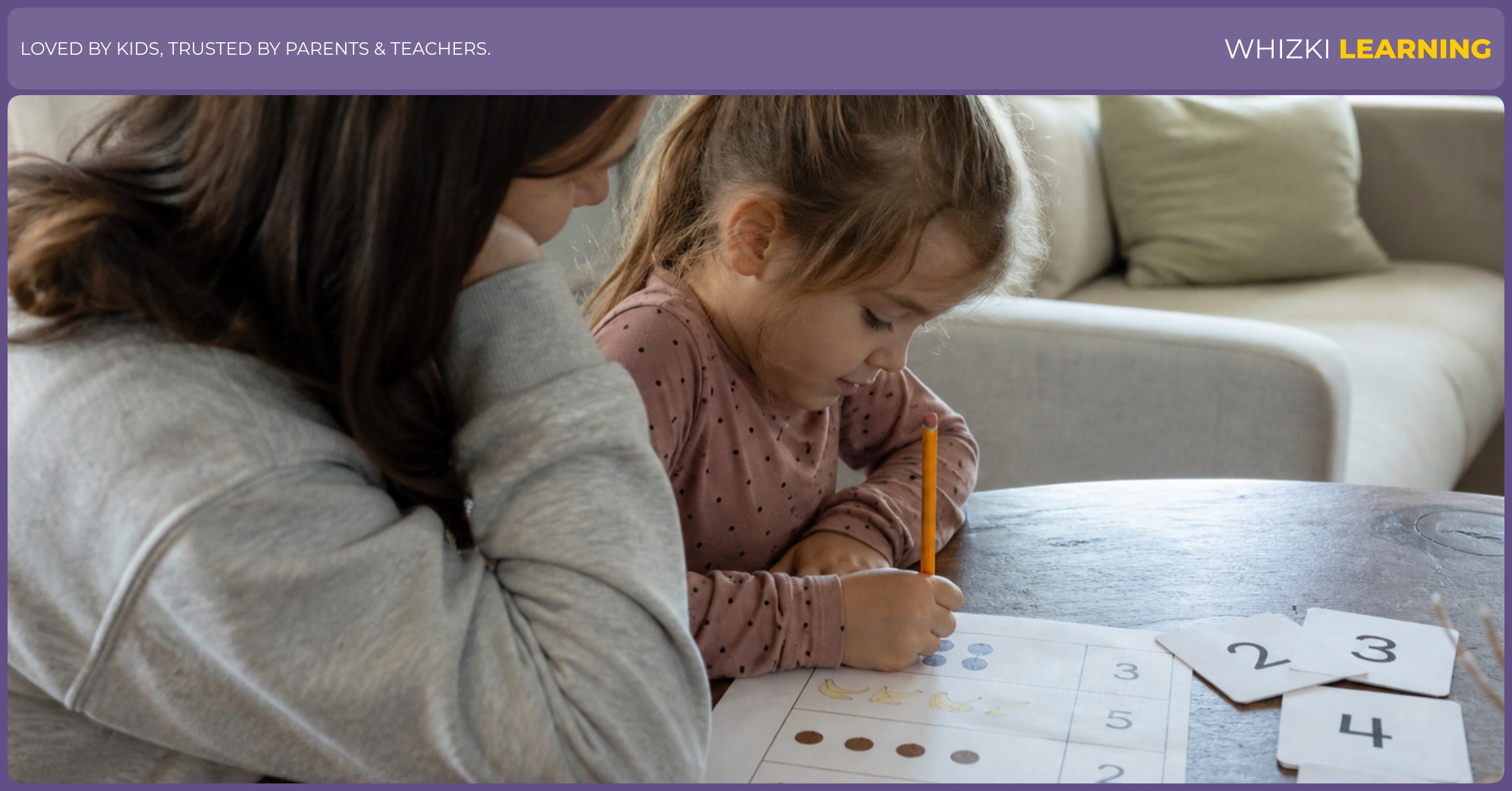A caregiver sits beside a child who is using a pencil on a simple counting worksheet.