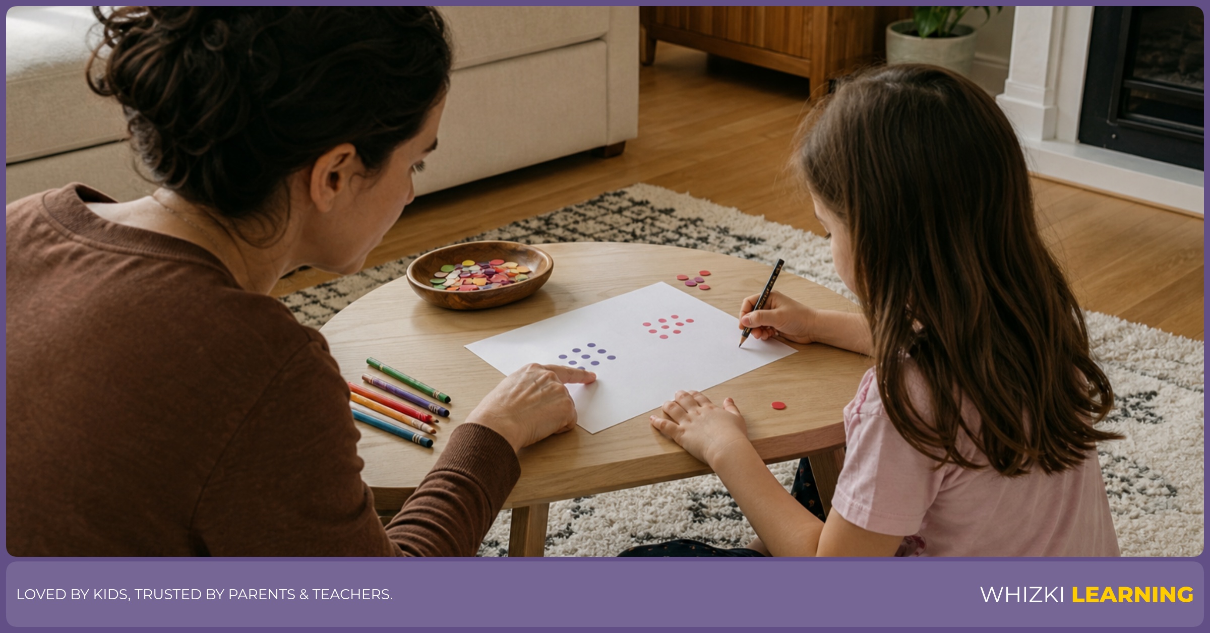 A caregiver and child compare dot groups with counters and crayons on a low table.