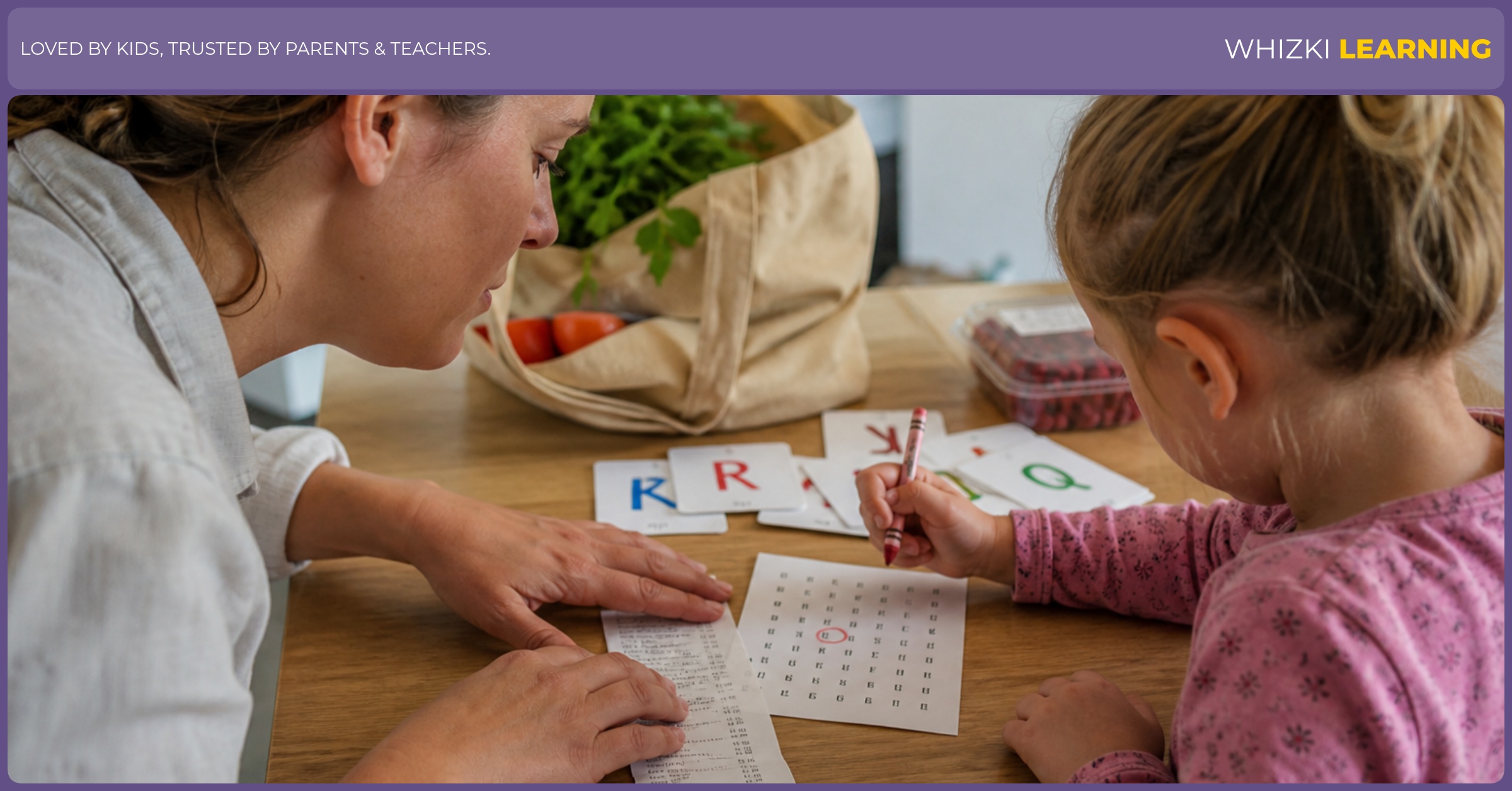A parent steadies a grocery receipt while a young child circles target letters at a kitchen table.