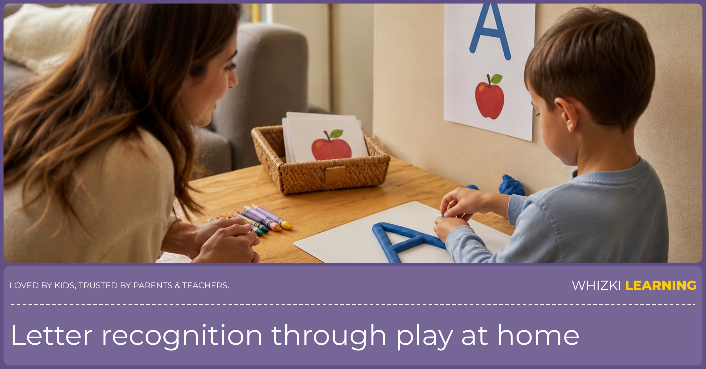 A caregiver and child form a playdough letter beside a taped printable model.