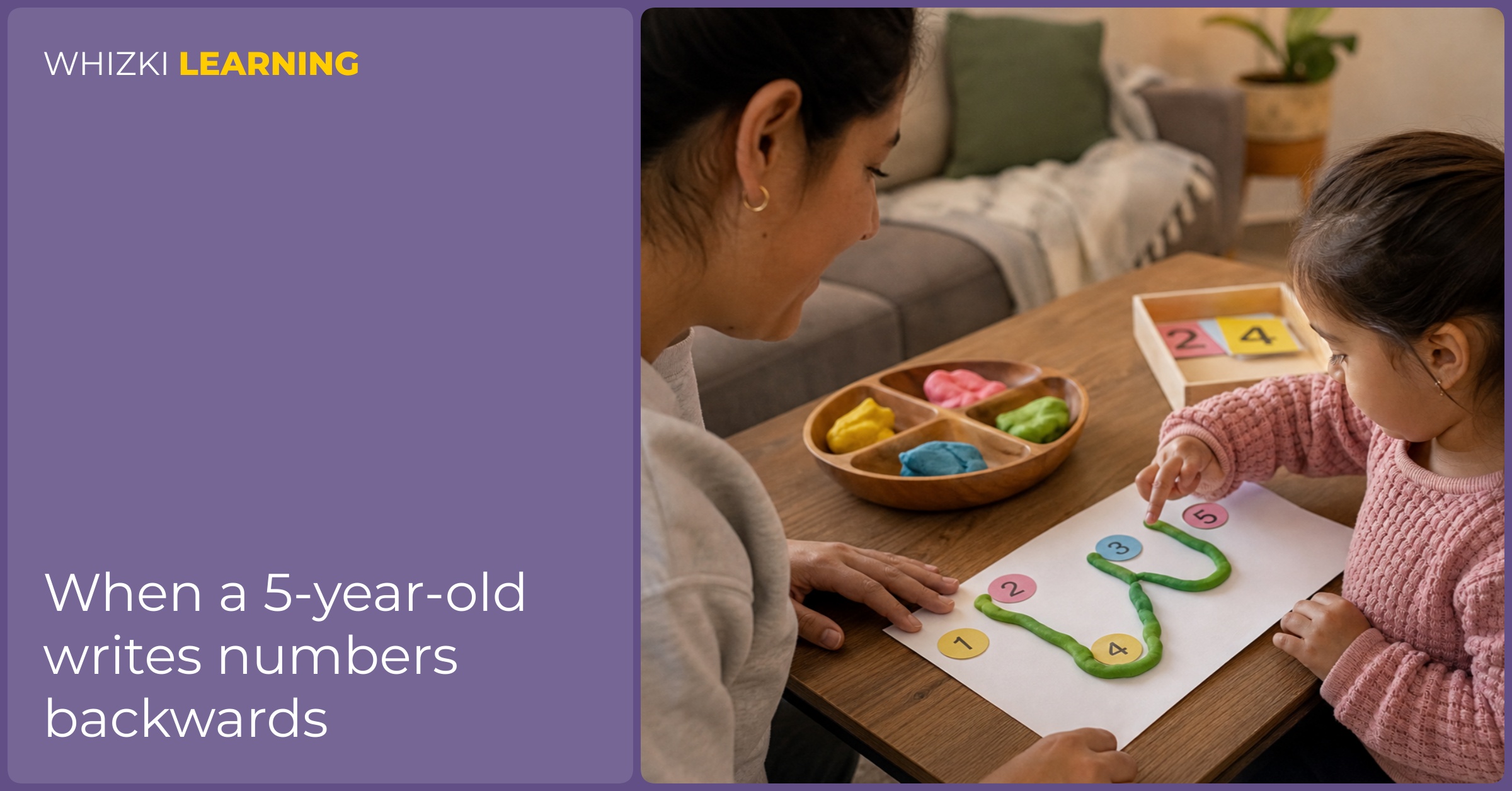 A caregiver and young child make a number path from play dough and trace the route with a finger.