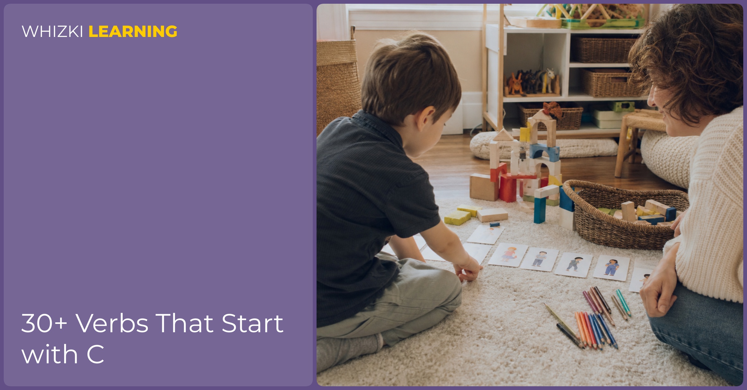 A child points to a paper C verb card while playing with blocks beside a smiling adult.