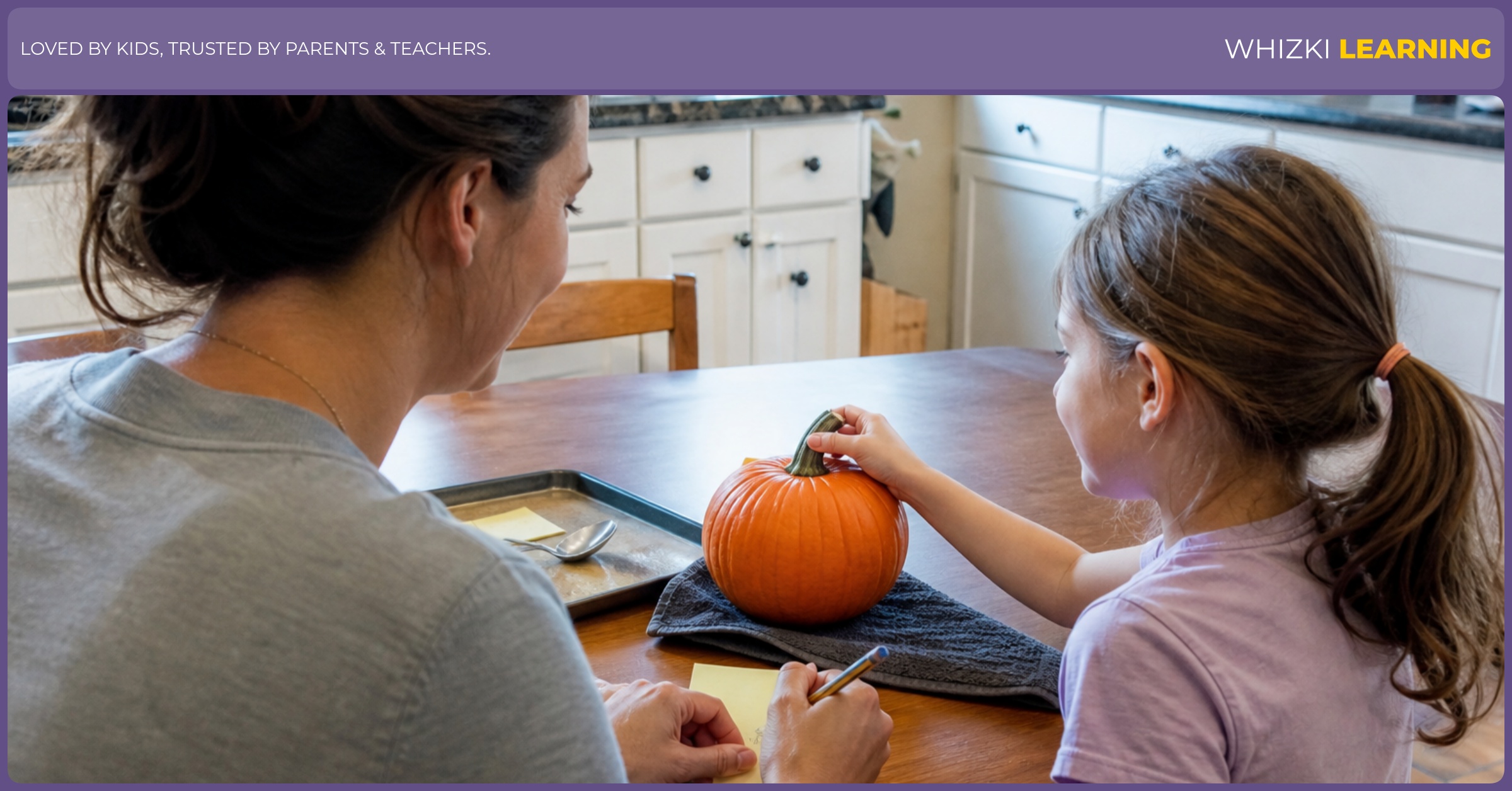 A parent writes a child's seed estimate while the child touches a small pumpkin on the kitchen table.
