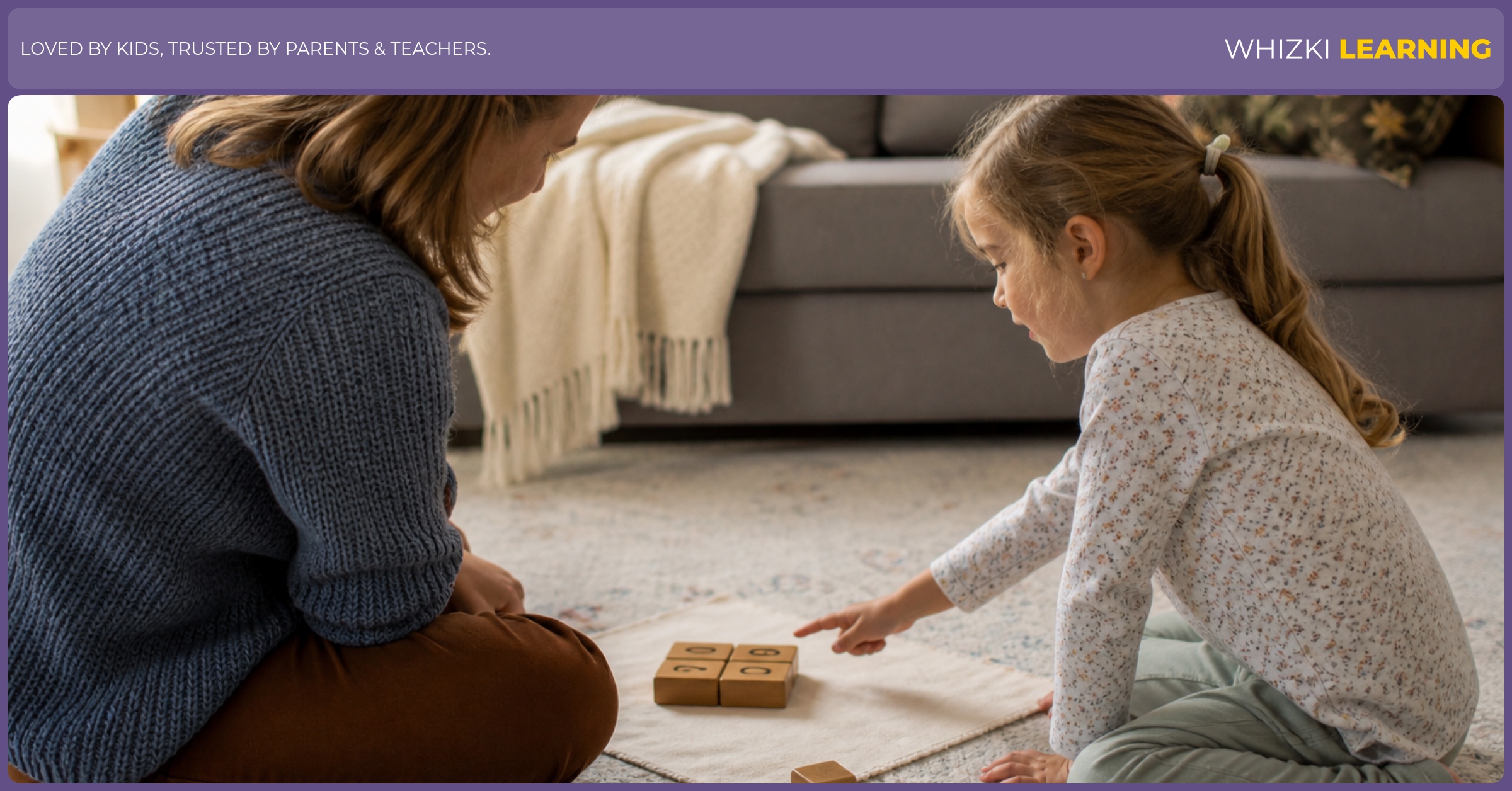 A caregiver and child compare four blocks in a square with four scattered blocks on the floor.