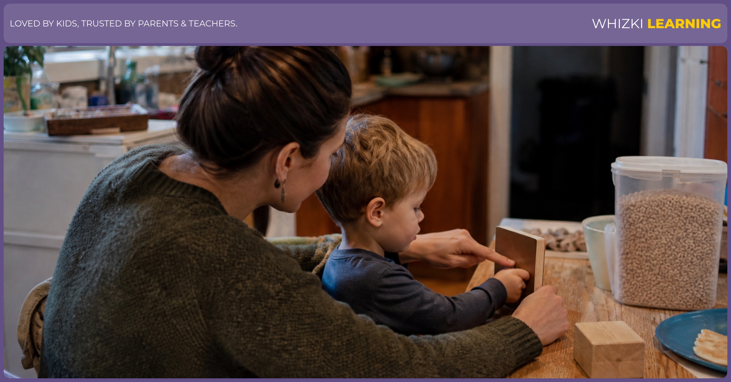 A parent and young child touch the sides and corners of household objects during a kitchen table shape hunt.