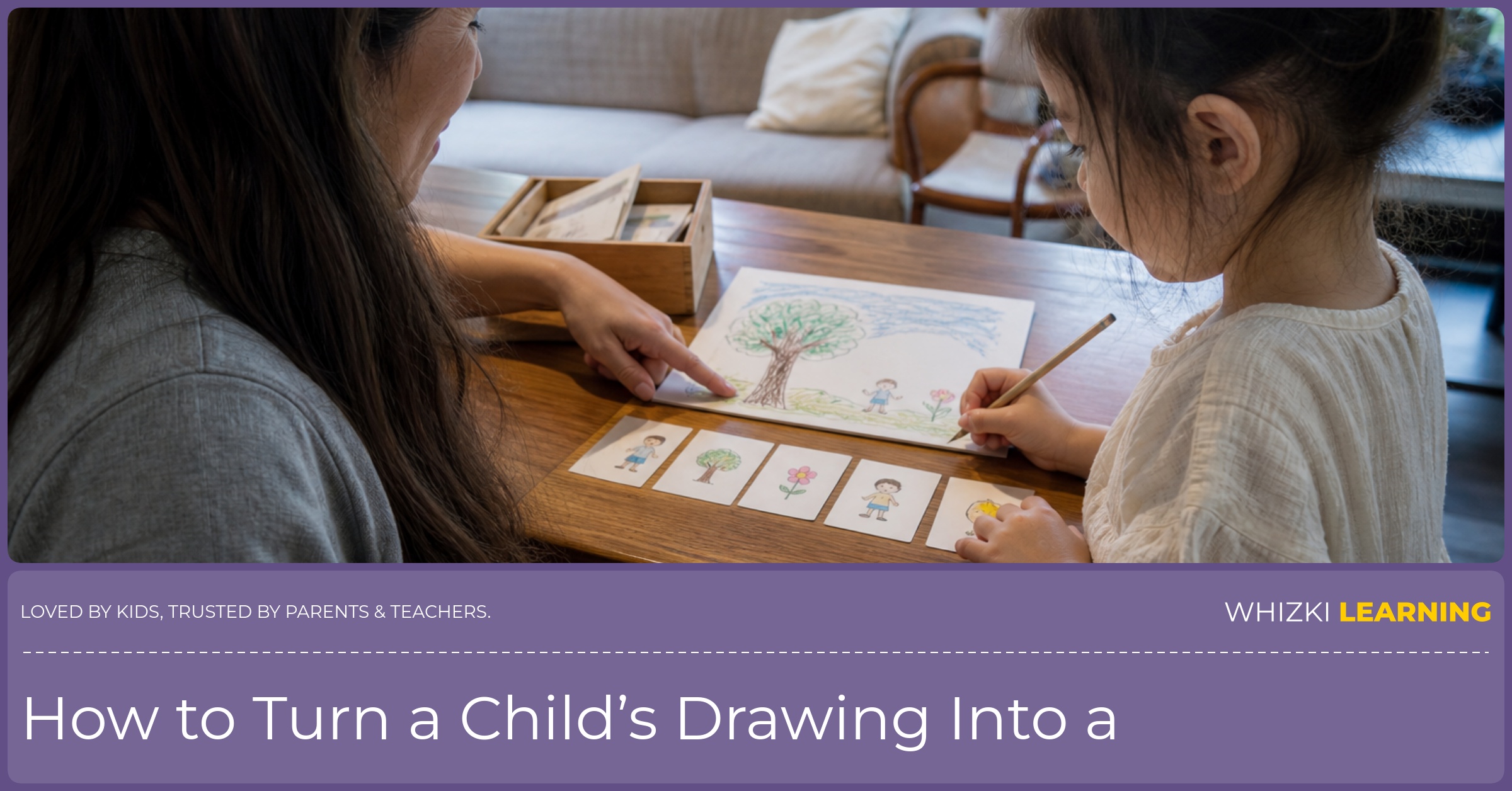 A caregiver helps a child tap out words and add a letter to a shared sentence below a drawing.