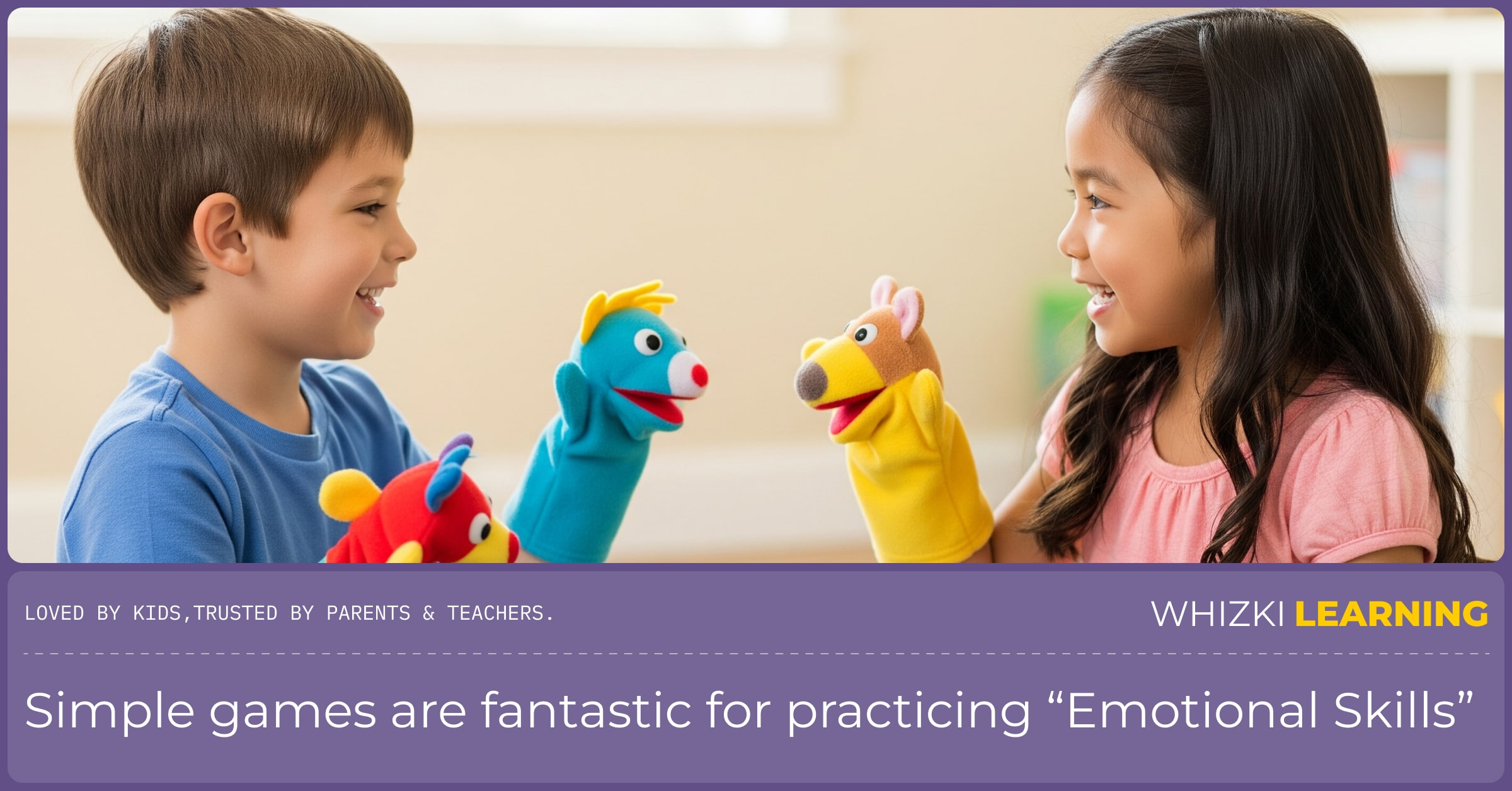 Two young children happily playing with puppets, practicing social interaction.