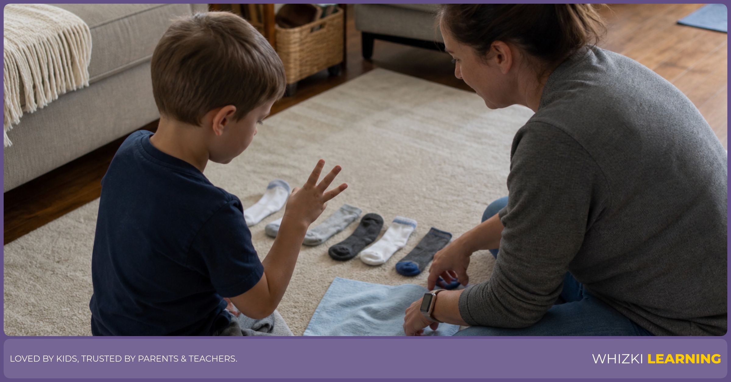 A caregiver and child use clean socks and a small cloth to ask how many more socks make ten.