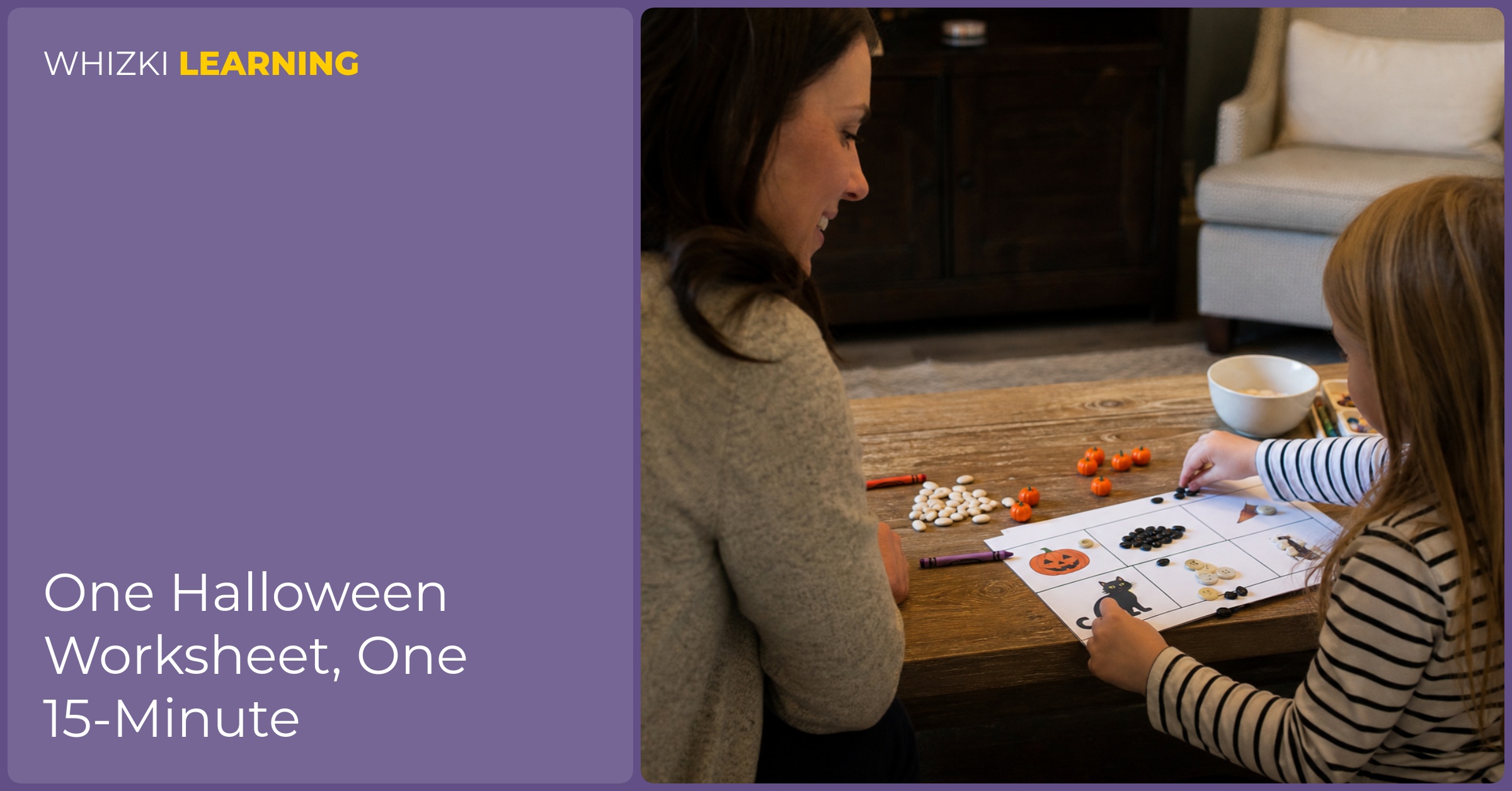 A parent and child sort small buttons and toy pumpkins after finishing part of a Halloween worksheet.